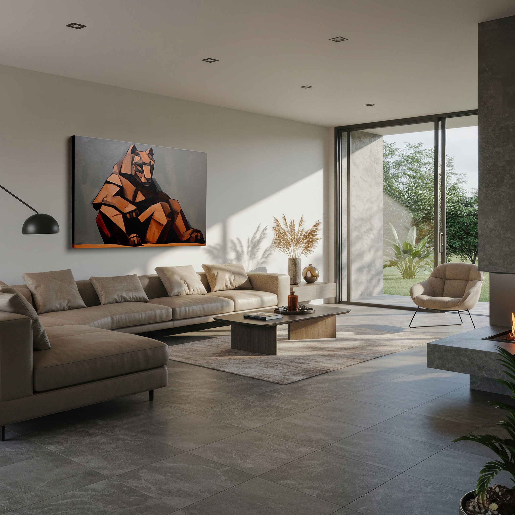 At 60×40 cm, this format fits effortlessly over dressers or benches — cubist-style majestic lion, serene yet dynamic abstract expression, large canvas wall art for office and bedroom decor