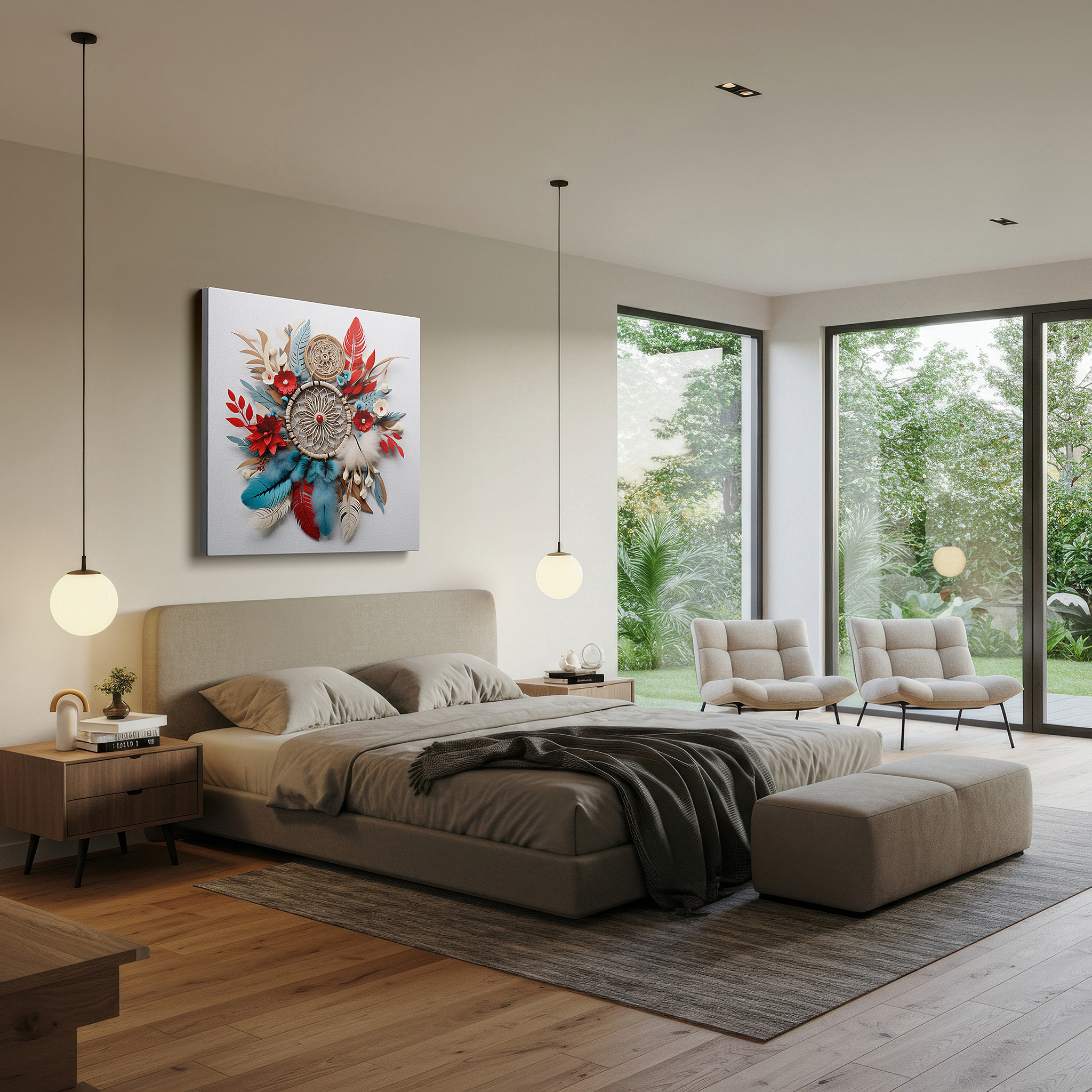 At 60×40 cm, this format fits effortlessly over dressers or benches — dreamcatcher with blooming flowers and delicate feathers: a symbol of peace and spiritual connection - large canvas wall art decor
