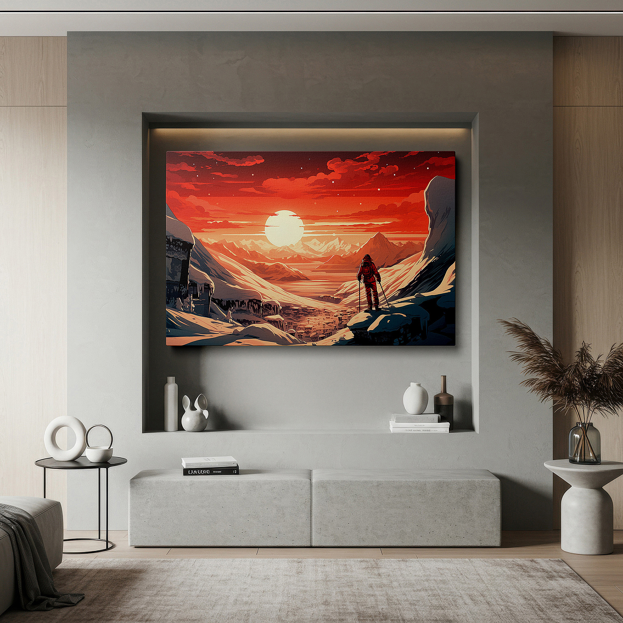 At 60×40 cm, this format fits effortlessly over dressers or benches — dusk triumph - mountaineer's victory over snow-capped peaks under a majestic sunset large wall art, canvas wall art, wall decor, office wall art