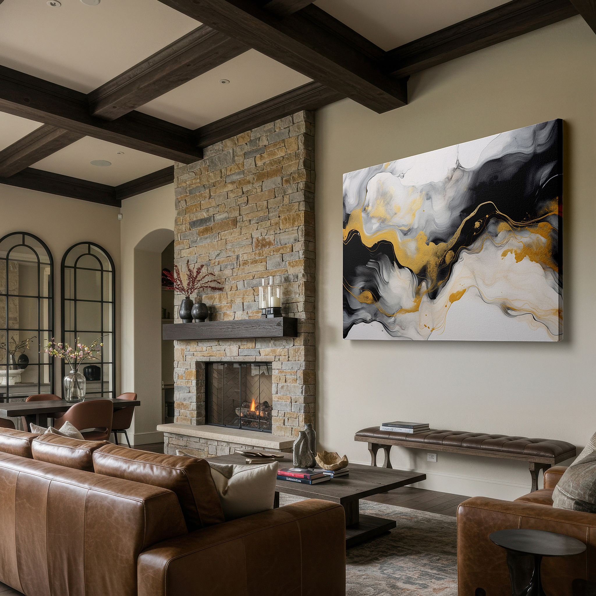 At 60×40 cm, this format fits effortlessly over dressers or benches — elegant fusion of rich blacks and luminous golds in abstract motion, large wall art, canvas wall art, wall decor for office and bedroom