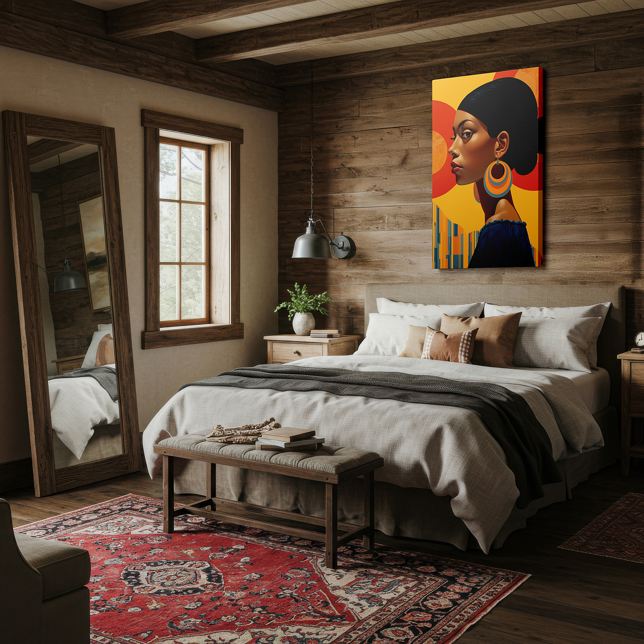 At 60×40 cm, this format fits effortlessly over dressers or benches — elegant and modern portrait of a confident woman: large wall art, canvas wall art, wall decor for office