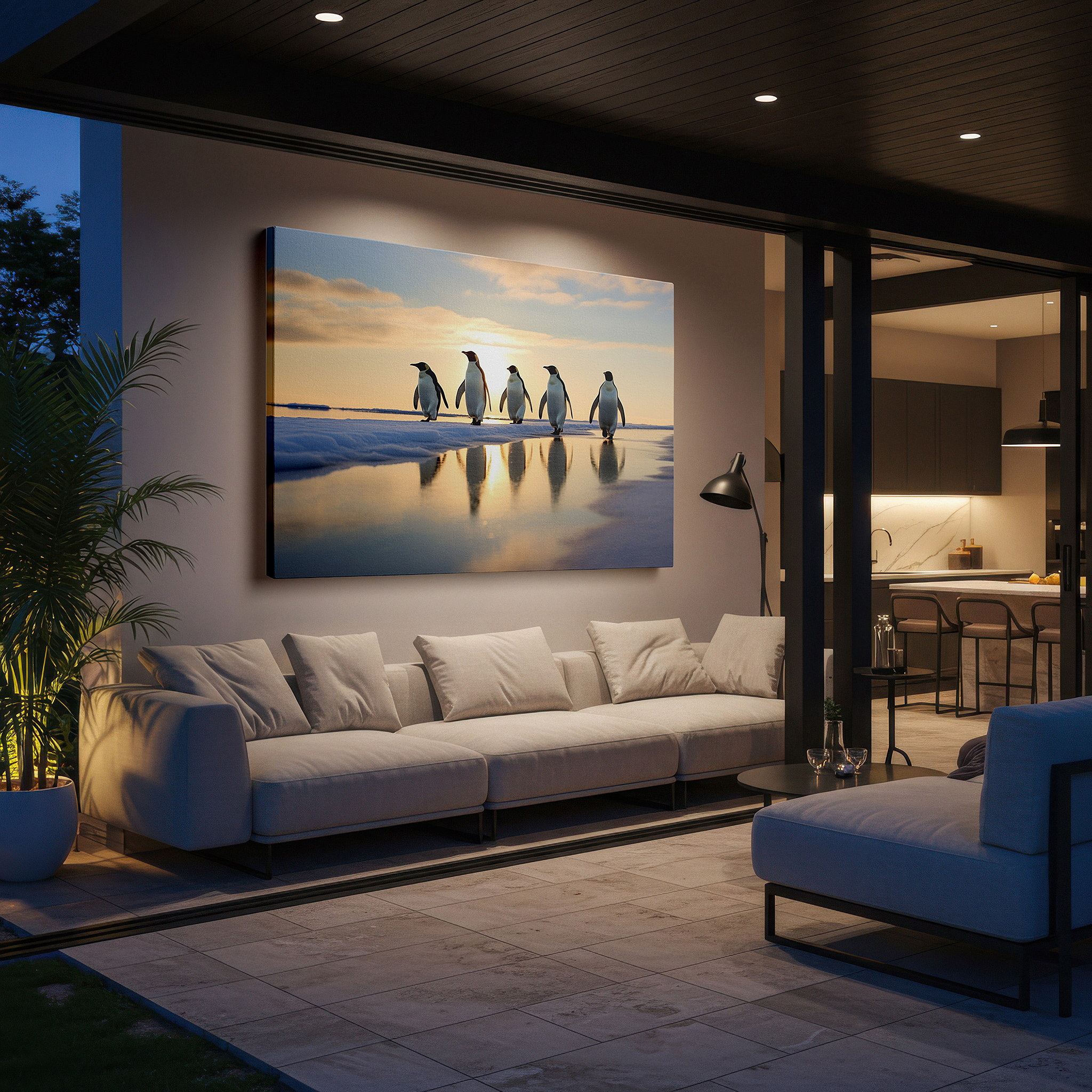 At 60×40 cm, this format fits effortlessly over dressers or benches — elegant penguins at sunset by a shimmering icy shoreline - large canvas wall art for office, bedroom, and living room decor
