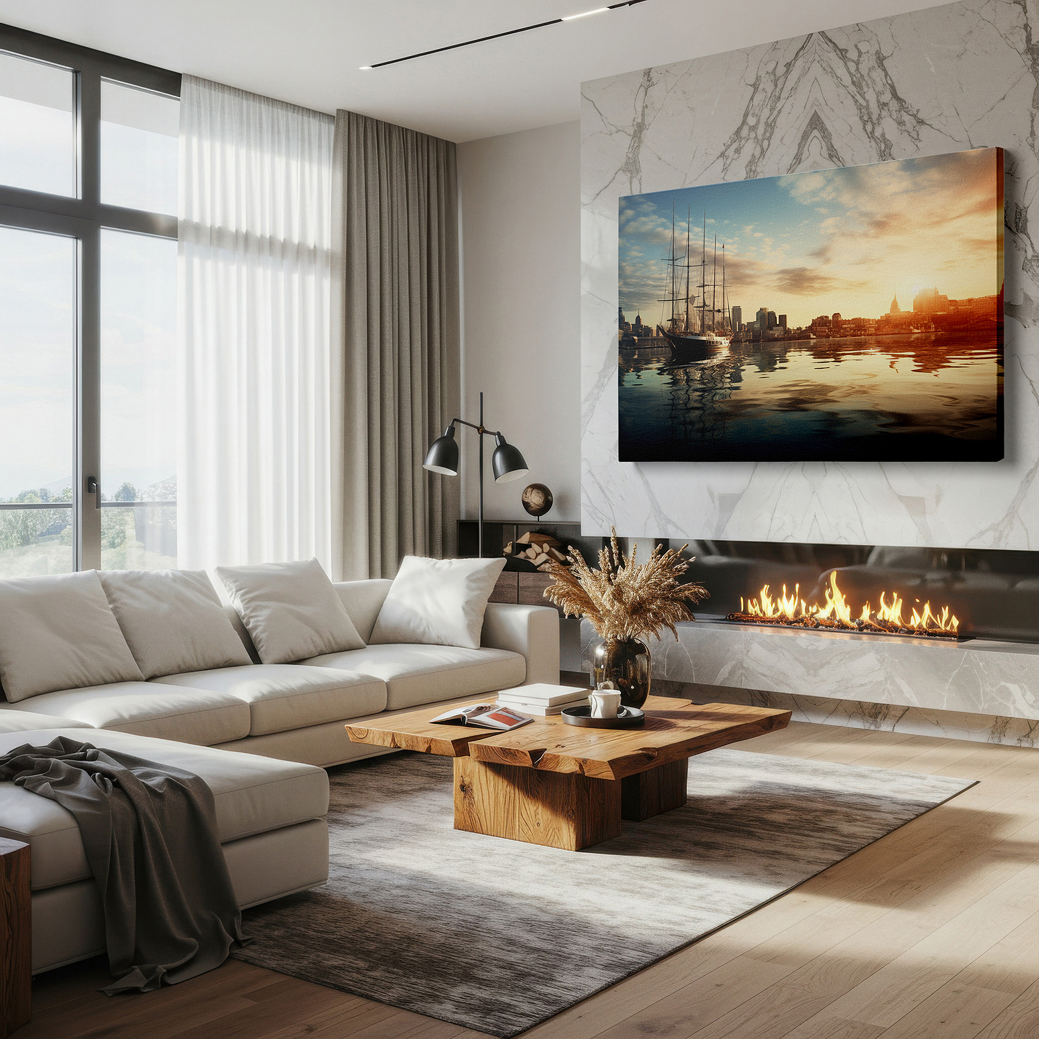 At 60×40 cm, this format fits effortlessly over dressers or benches — golden sunset reflection: serene maritime and bustling cityscape large wall art, canvas decor for office and bedroom
