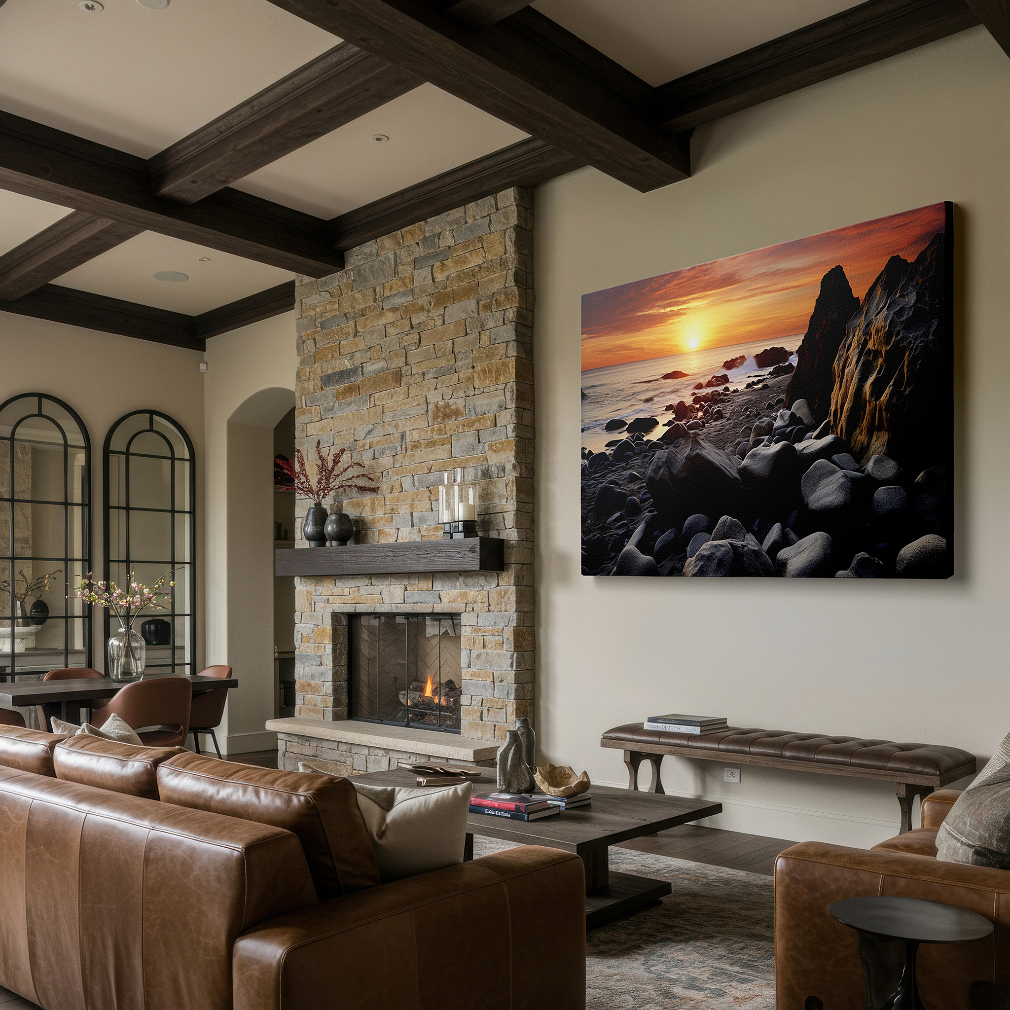 At 60×40 cm, this format fits effortlessly over dressers or benches — golden sunset over rugged coastline, tranquil coastal evening large wall art, canvas wall art, wall decor for office and bedroom