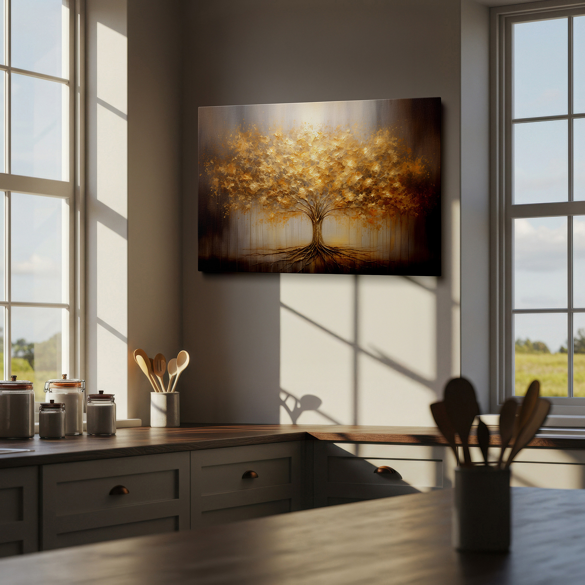 At 60×40 cm, this format fits effortlessly over dressers or benches — golden tree of life and prosperity radiant large canvas wall art for office, bedroom, and living room decor