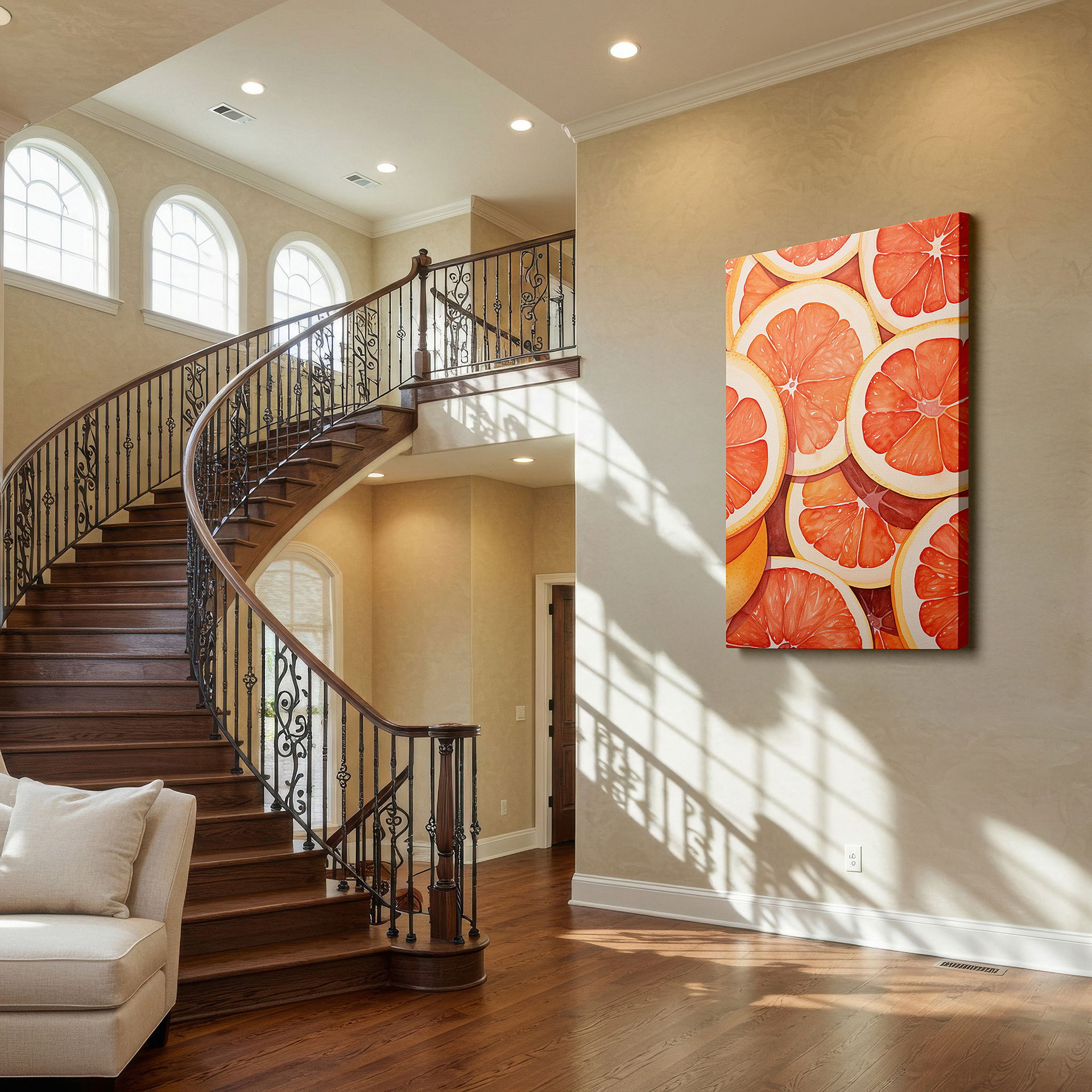 At 60×40 cm, this format fits effortlessly over dressers or benches — grapefruit slices wall art: experience freshness and vitality with dynamic colors - perfect for office or bedroom decor