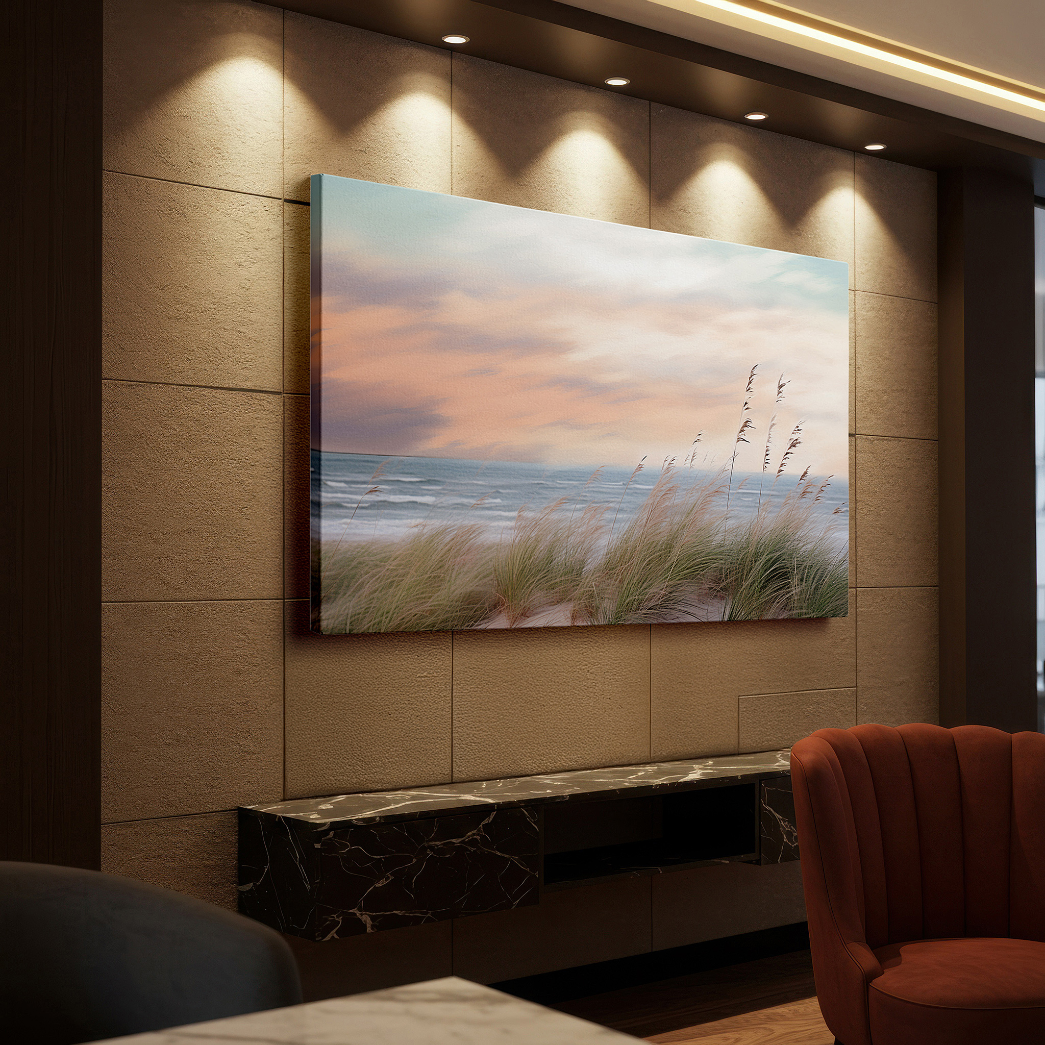 At 60×40 cm, this format fits effortlessly over dressers or benches — grassy seaside dunes at twilight: tranquil nature masterpiece - large canvas wall art for office and bedroom decor