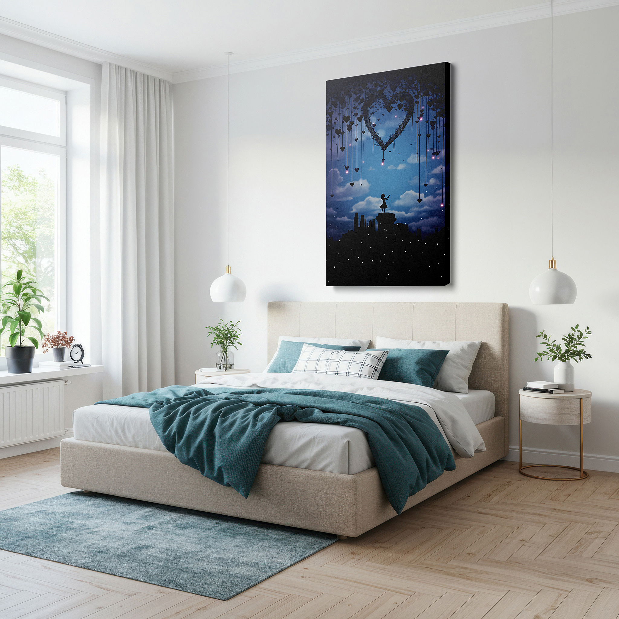At 60×40 cm, this format fits effortlessly over dressers or benches — heart-shaped constellation over girl on cliff - symbolizing love and hope, large canvas wall art for home and office decor