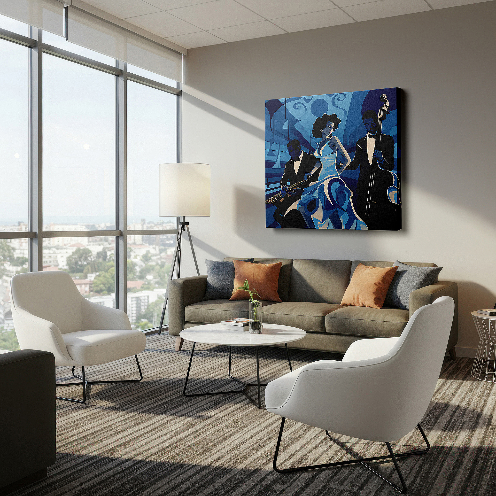 At 60×40 cm, this format fits effortlessly over dressers or benches — jazz trio soulful blues large wall art, serene shades canvas, live music essence wall decor for office