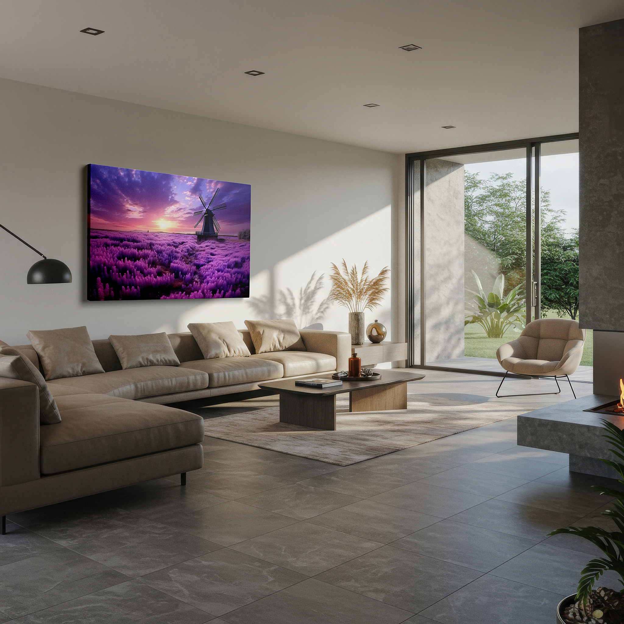 At 60×40 cm, this format fits effortlessly over dressers or benches — lavender fields and rustic windmill against a fiery sunset sky - large canvas wall art for office, bedroom, and living room decor
