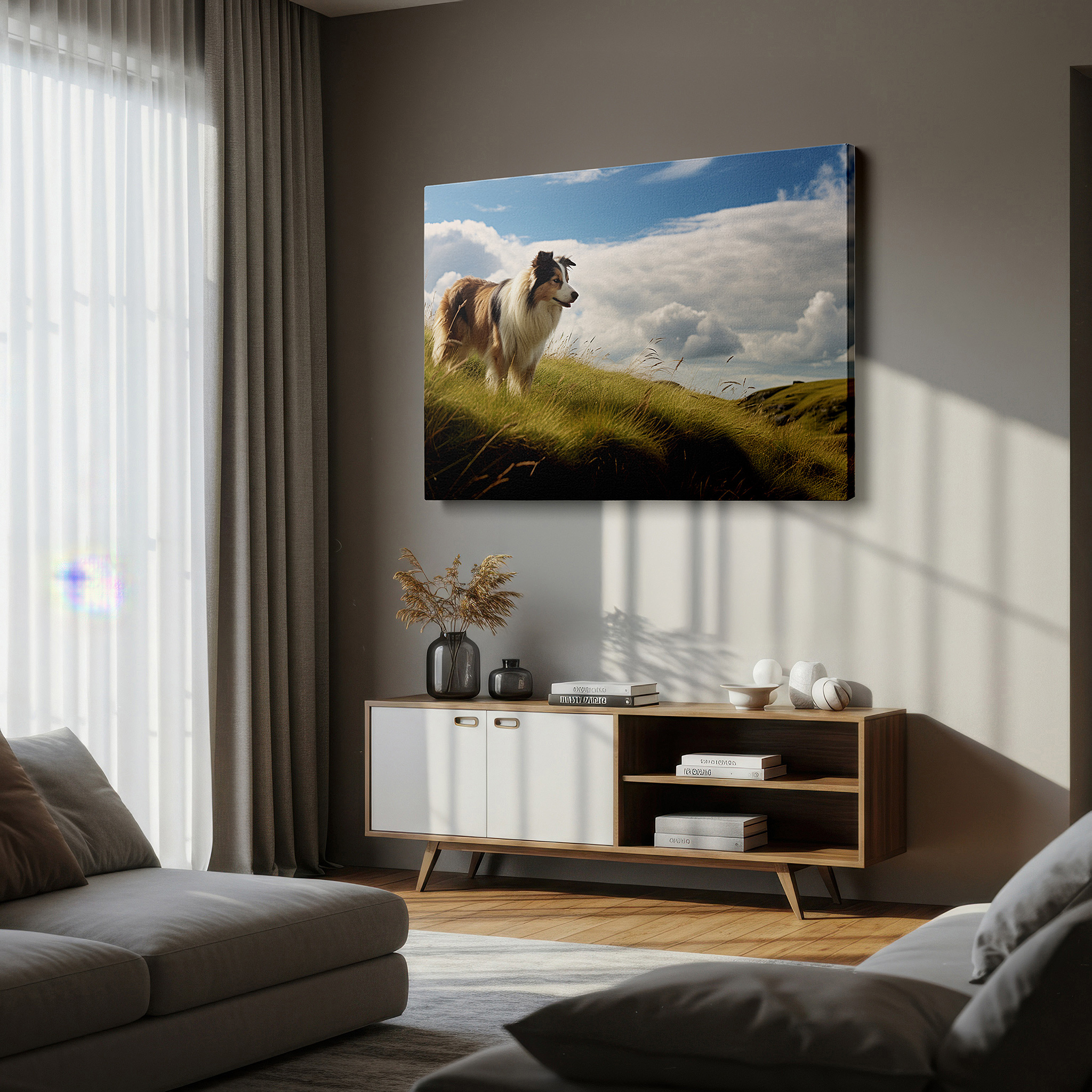 At 60×40 cm, this format fits effortlessly over dressers or benches — majestic collie: guardian of the verdant hillside - a symphony of nature and tranquility, large canvas wall art for home and office decor