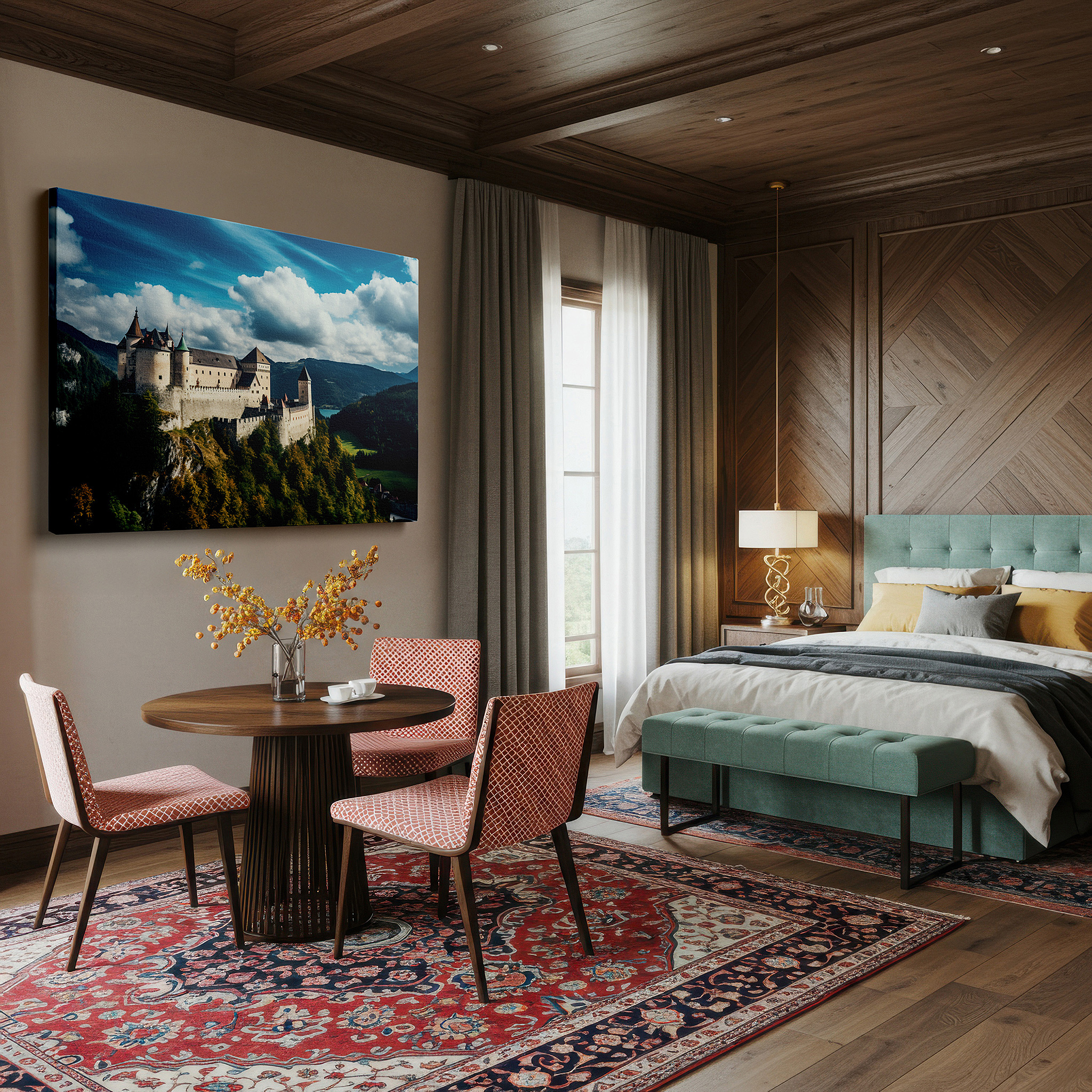 At 60×40 cm, this format fits effortlessly over dressers or benches — majestic fortress castle surrounded by rugged mountains: a symbol of timeless strength and architectural excellence - large wall art, canvas wall art, wall decor