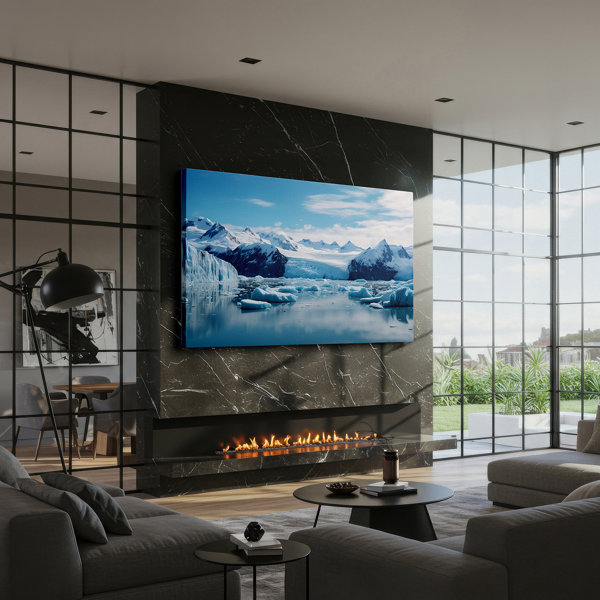 At 60×40 cm, this format fits effortlessly over dressers or benches — majestic icebergs and towering mountains in a serene icy wilderness: large canvas wall art for office and bedroom decor