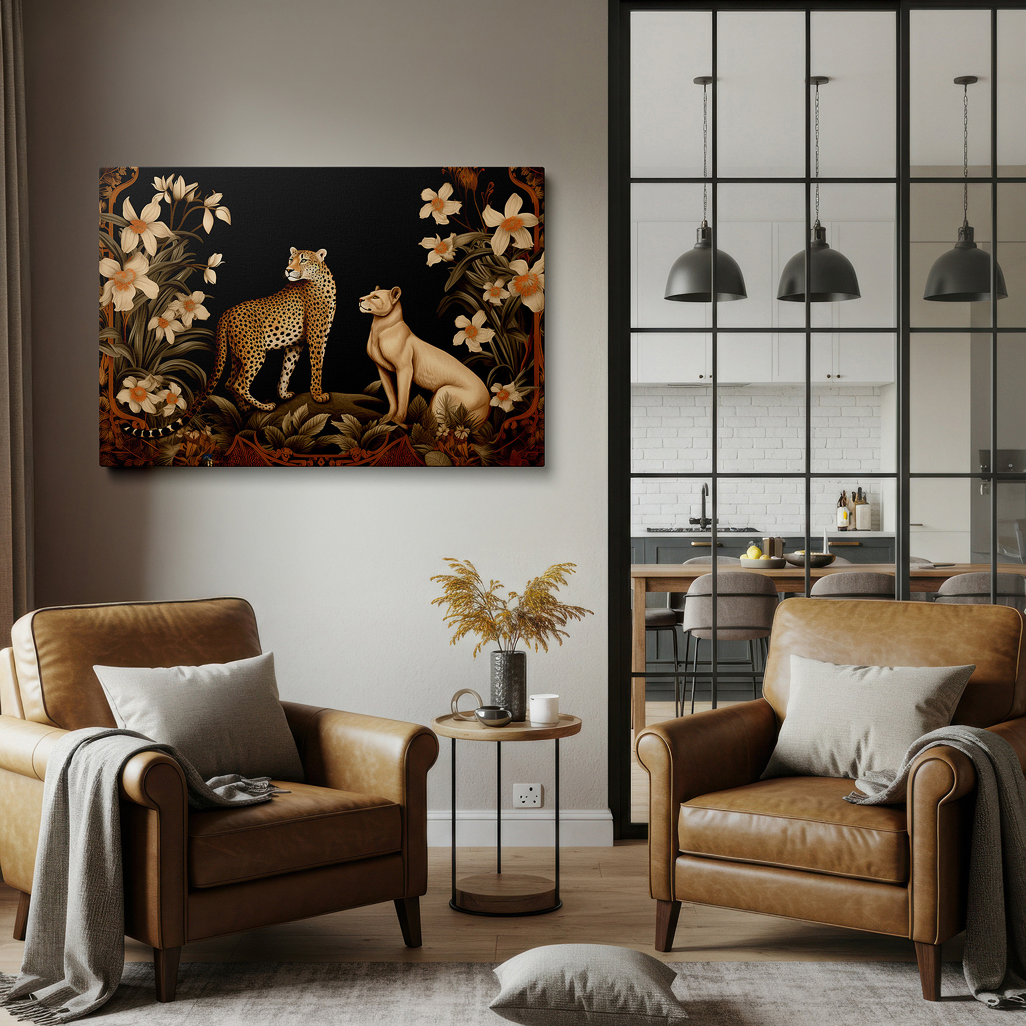 At 60×40 cm, this format fits effortlessly over dressers or benches — majestic leopard and lioness among vibrant florals - celebrating wildlife harmony and conservation, large canvas wall art decor