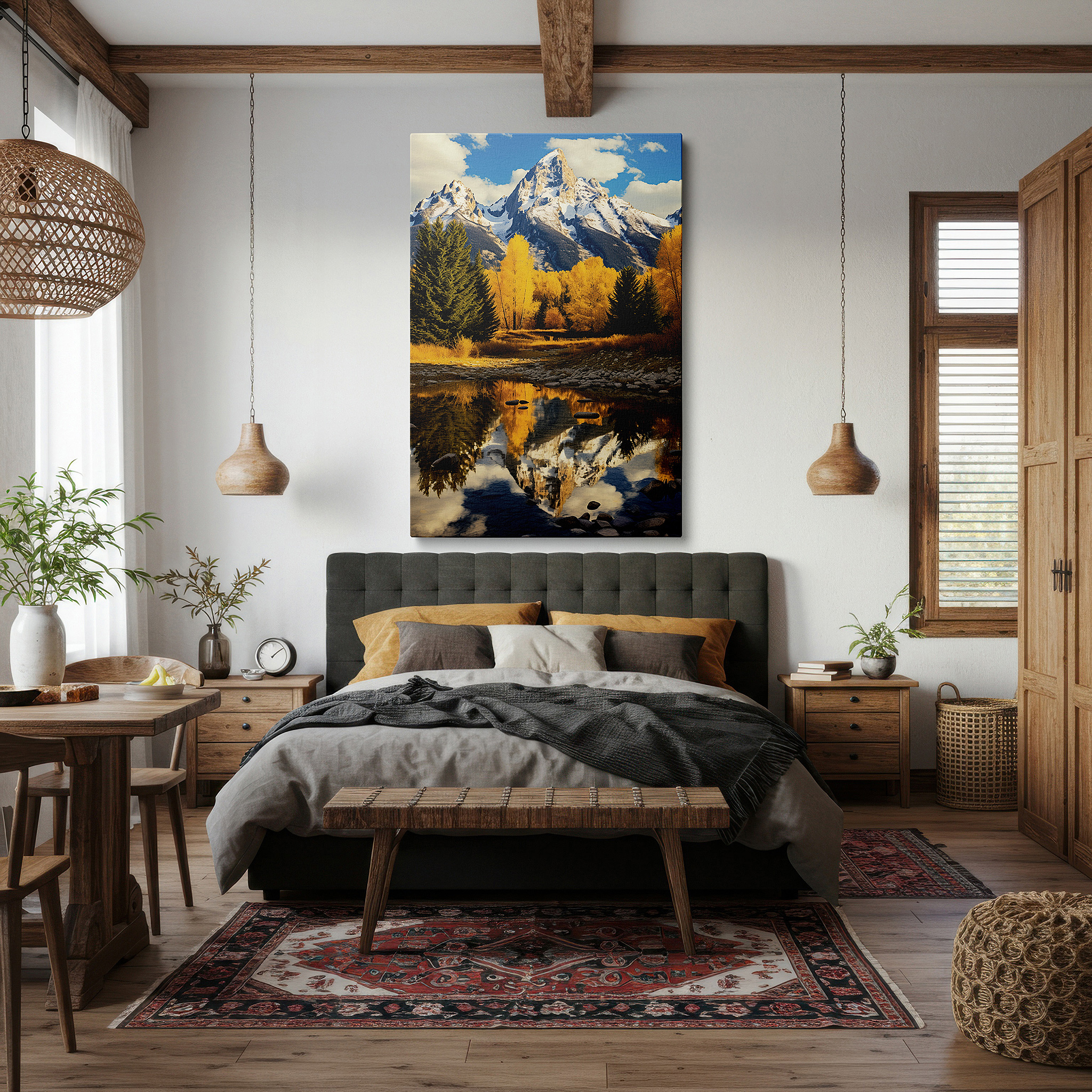 At 60×40 cm, this format fits effortlessly over dressers or benches — majestic mountain peak and autumn trees reflection in a serene lake - large canvas wall art for office and bedroom decor