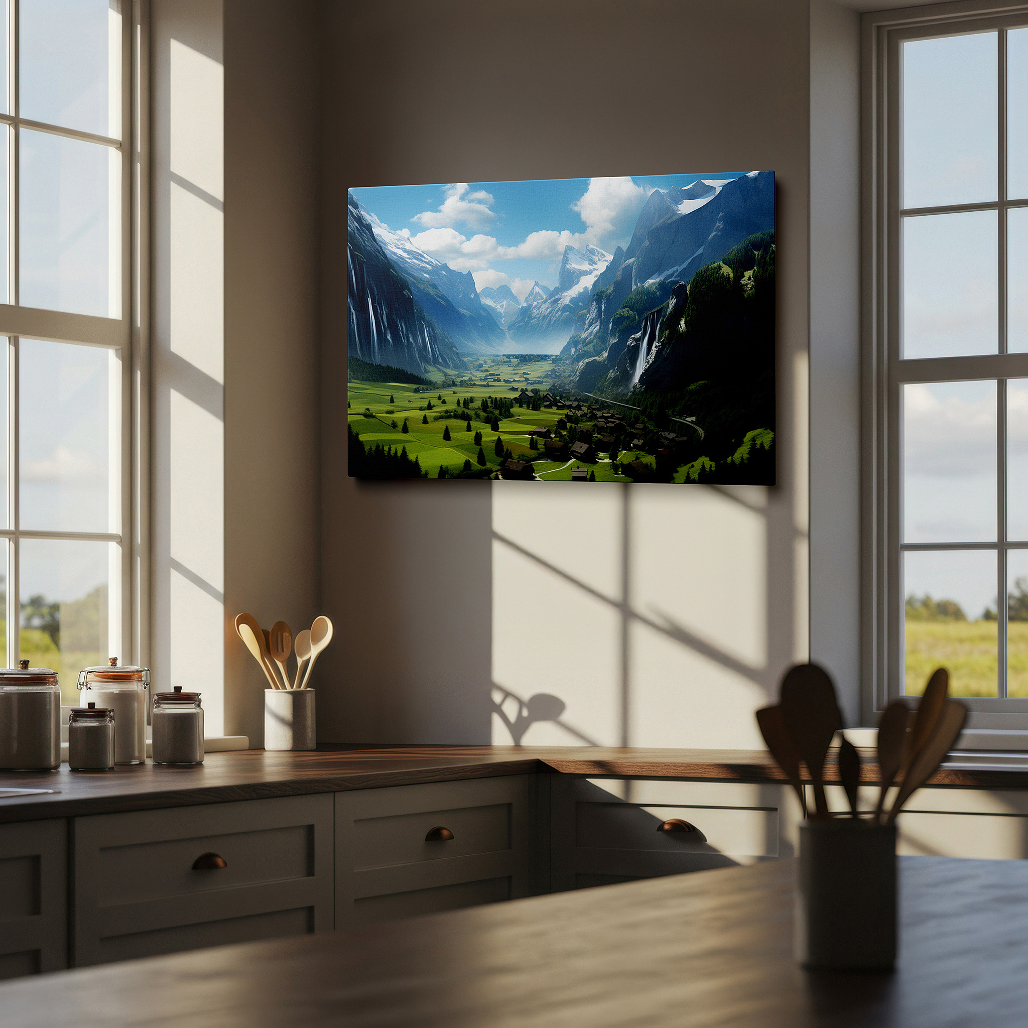 At 60×40 cm, this format fits effortlessly over dressers or benches — majestic mountains and charming village surrounded by green valleys and waterfalls - large canvas wall art for home and office decor