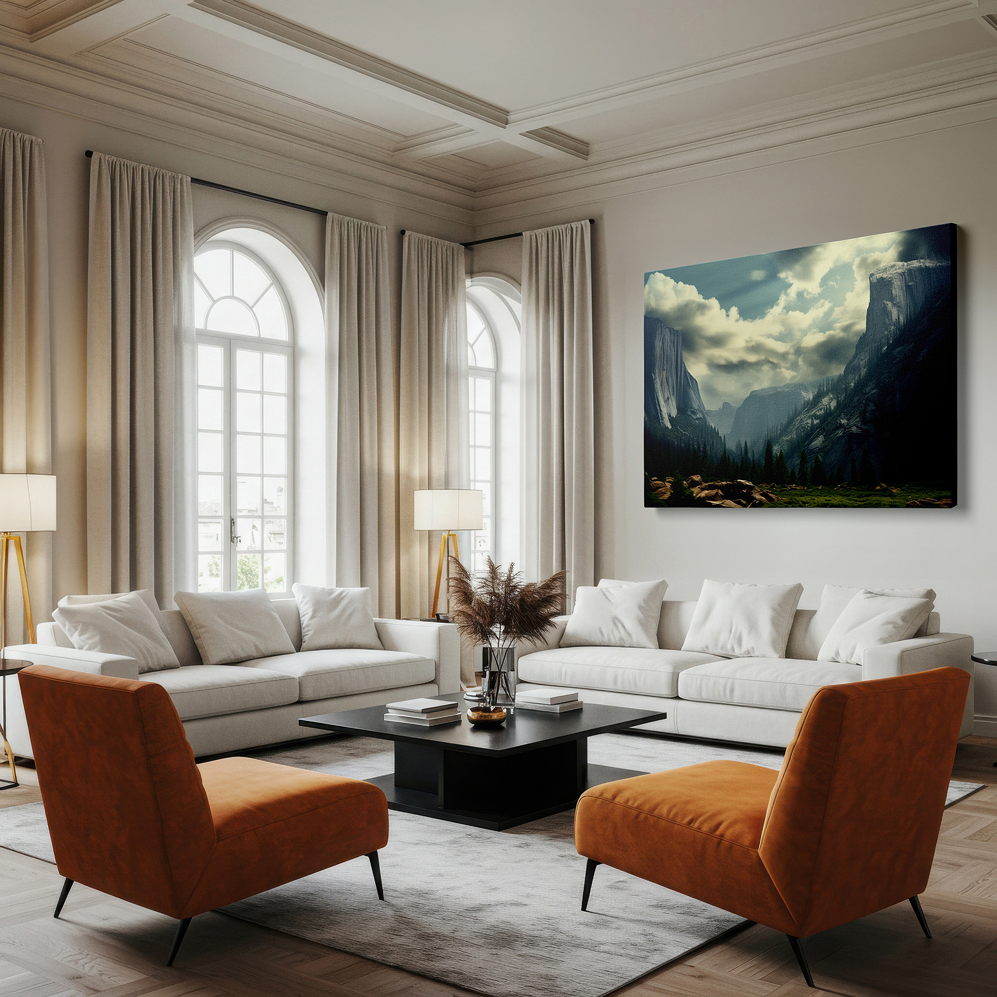 At 60×40 cm, this format fits effortlessly over dressers or benches — majestic mountains and moody skies: a tranquil yet dramatic landscape - large wall art, canvas wall art, wall decor for offices and bedrooms