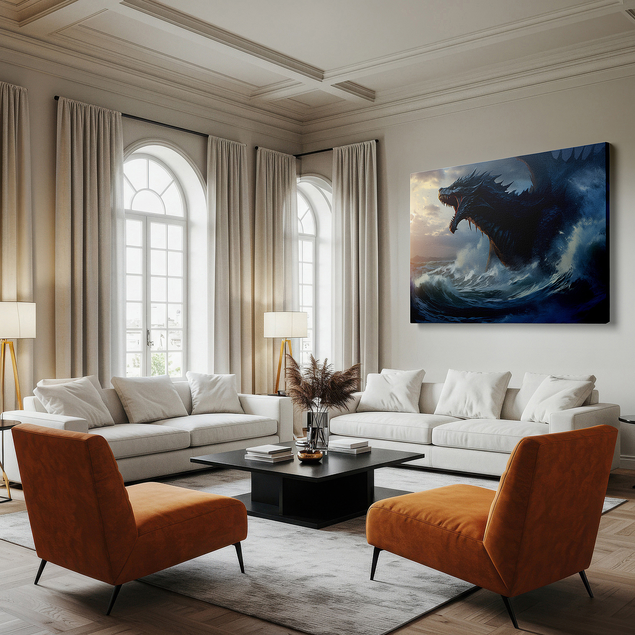 At 60×40 cm, this format fits effortlessly over dressers or benches — majestic sea creature emerging from the ocean under twilight skies - large canvas wall art for office and bedroom decor