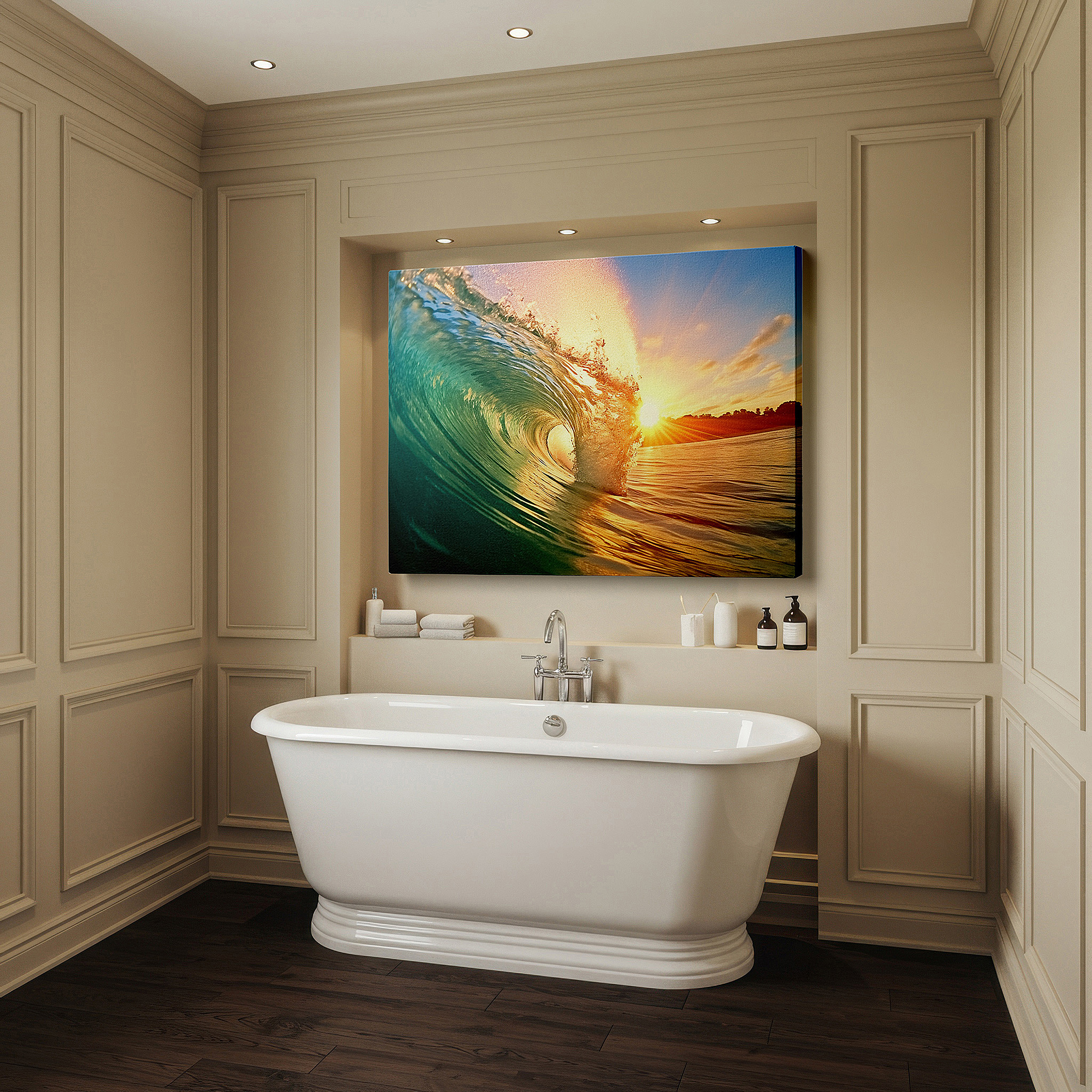 At 60×40 cm, this format fits effortlessly over dressers or benches — majestic sunset wave - serene and powerful nature scene large wall art, canvas wall art, wall decor for office, bedroom, and living room