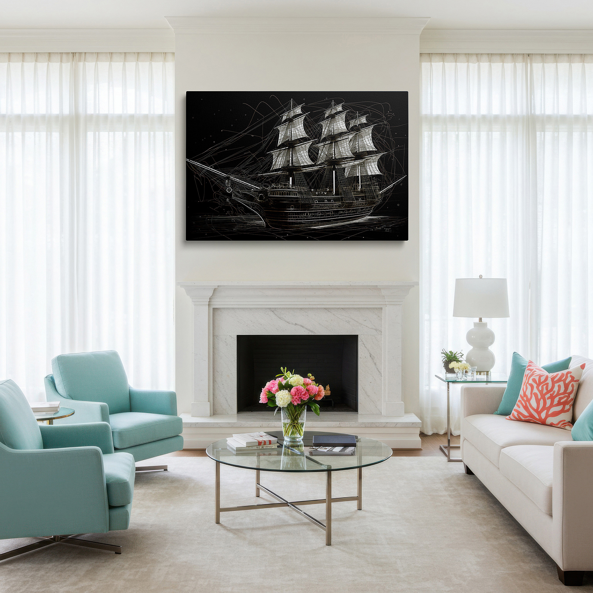At 60×40 cm, this format fits effortlessly over dressers or benches — maritime masterpiece wall art: wireframe ship design showcasing architectural elegance - ideal for office, bedroom, and home decor