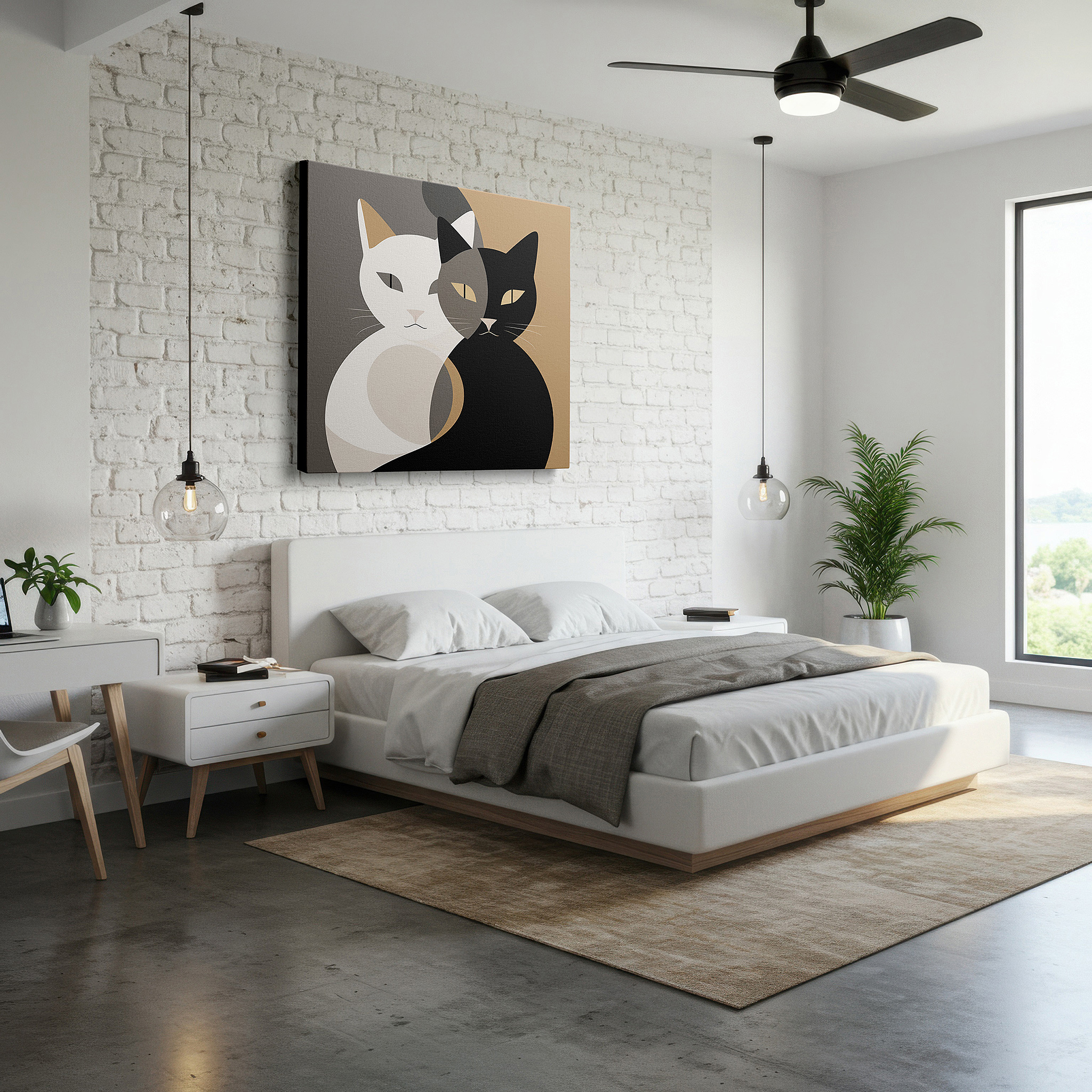At 60×40 cm, this format fits effortlessly over dressers or benches — minimalist entwined cats wall art, symbolizing unity and duality, perfect for office or bedroom decor