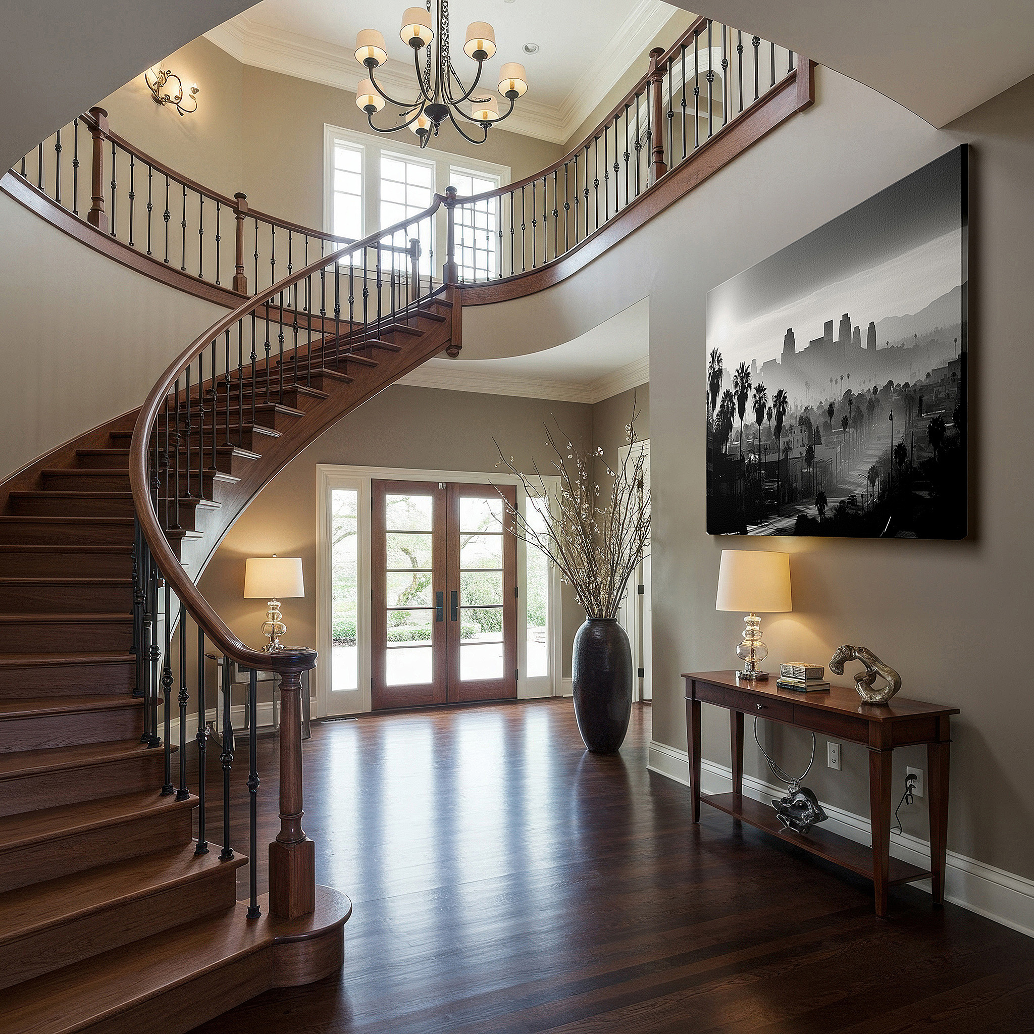At 60×40 cm, this format fits effortlessly over dressers or benches — misty dawn and palm silhouettes over cityscape large canvas wall art for office decor