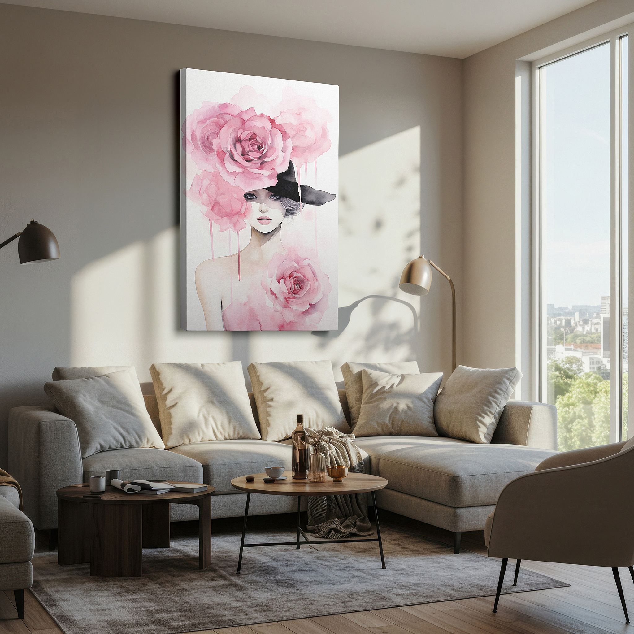 At 60×40 cm, this format fits effortlessly over dressers or benches — modern elegance in bold femininity: black hat and pink roses - nature-inspired large wall art, canvas wall art, wall decor for office
