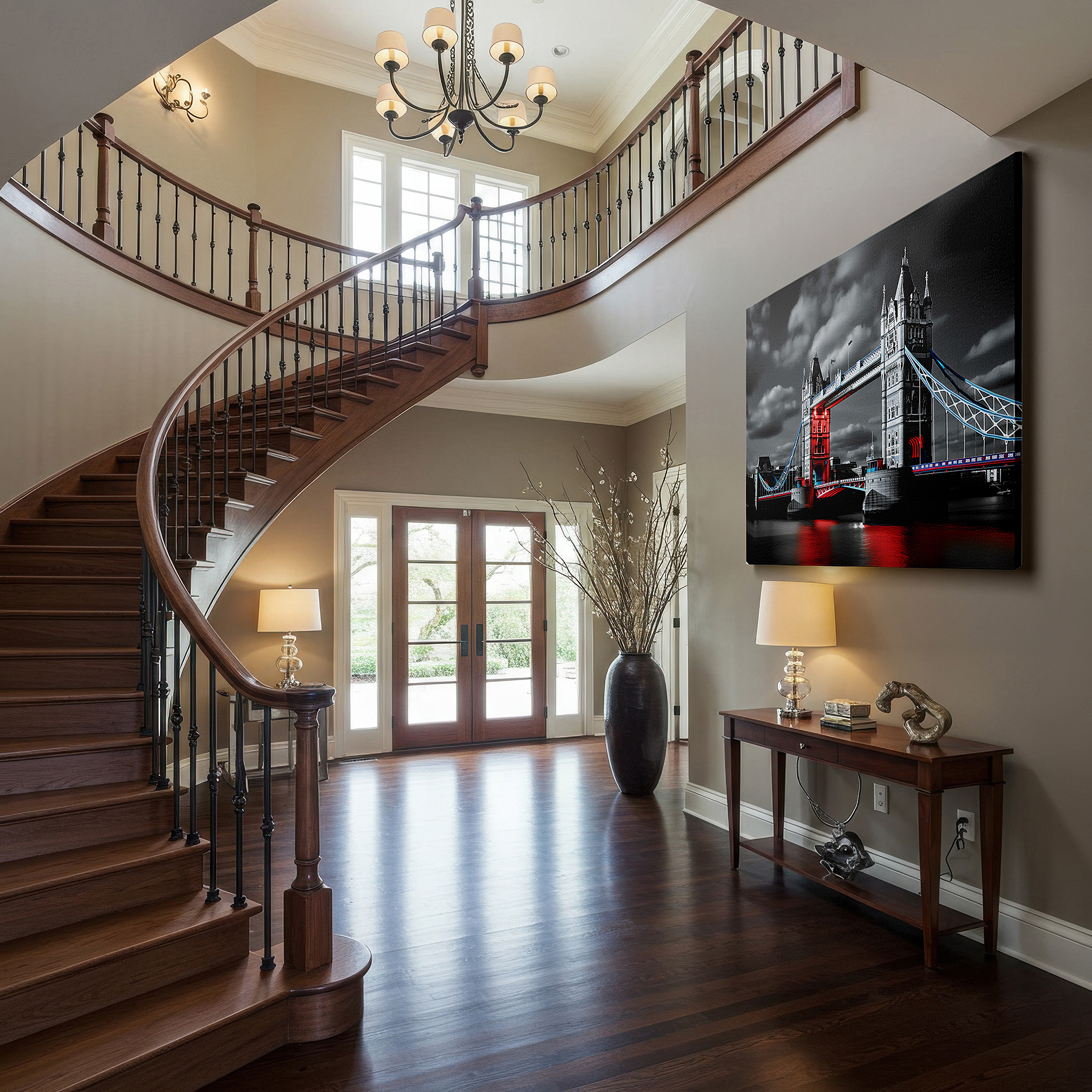 At 60×40 cm, this format fits effortlessly over dressers or benches — monochrome tower bridge with red accents - blending historical charm and contemporary style, large canvas wall art for office decor