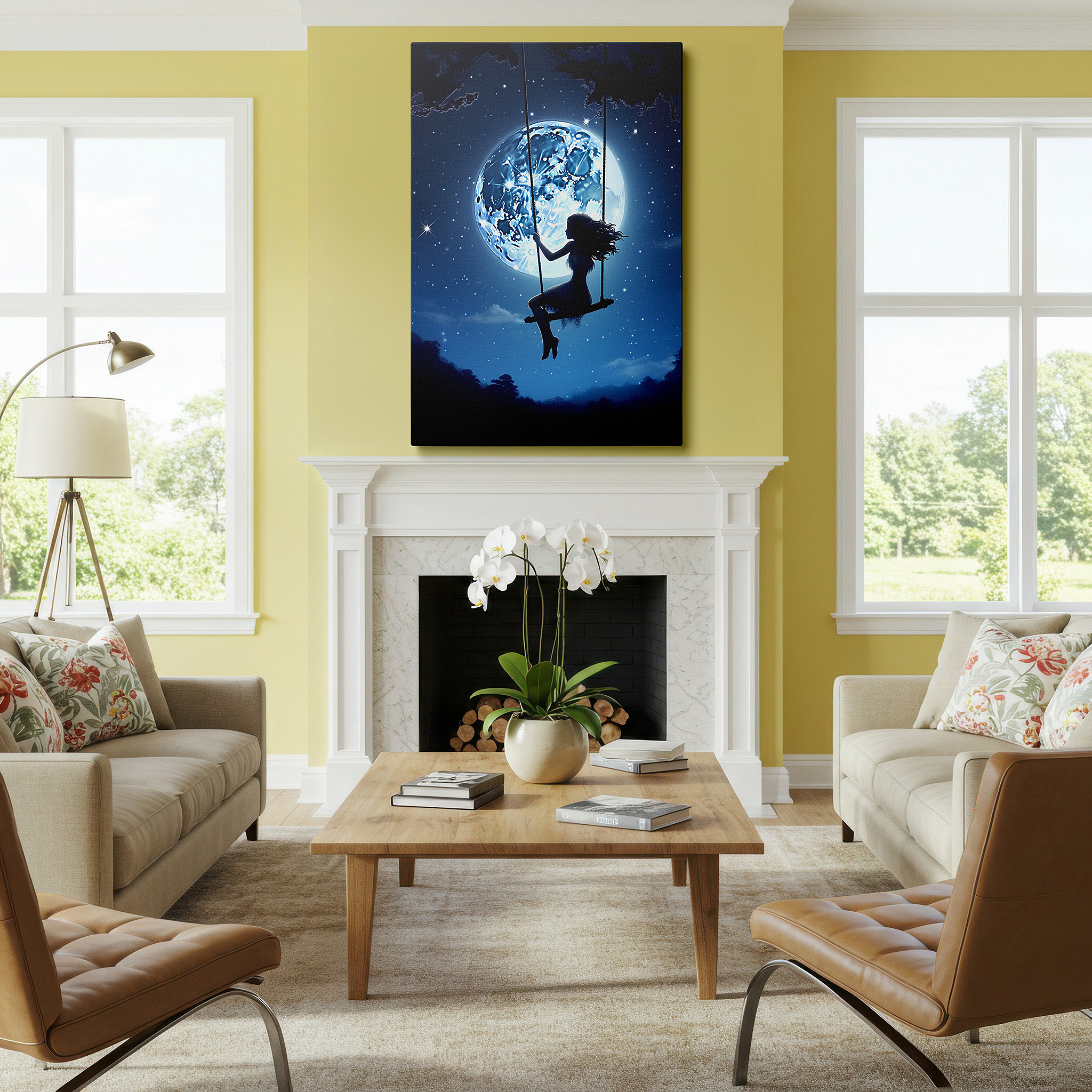 At 60×40 cm, this format fits effortlessly over dressers or benches — moonlit swing wall art: a celestial dance of childhood joy and cosmic tranquility - large canvas for home and office decor