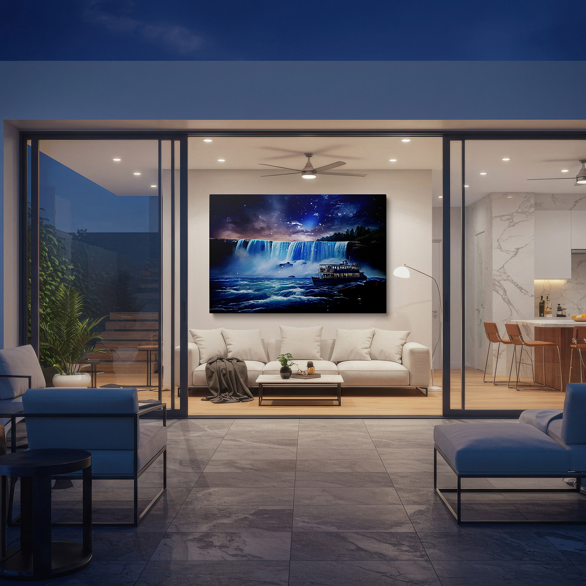 At 60×40 cm, this format fits effortlessly over dressers or benches — moonlit waterfall and starry sky with solitary boat canvas wall art for office decor