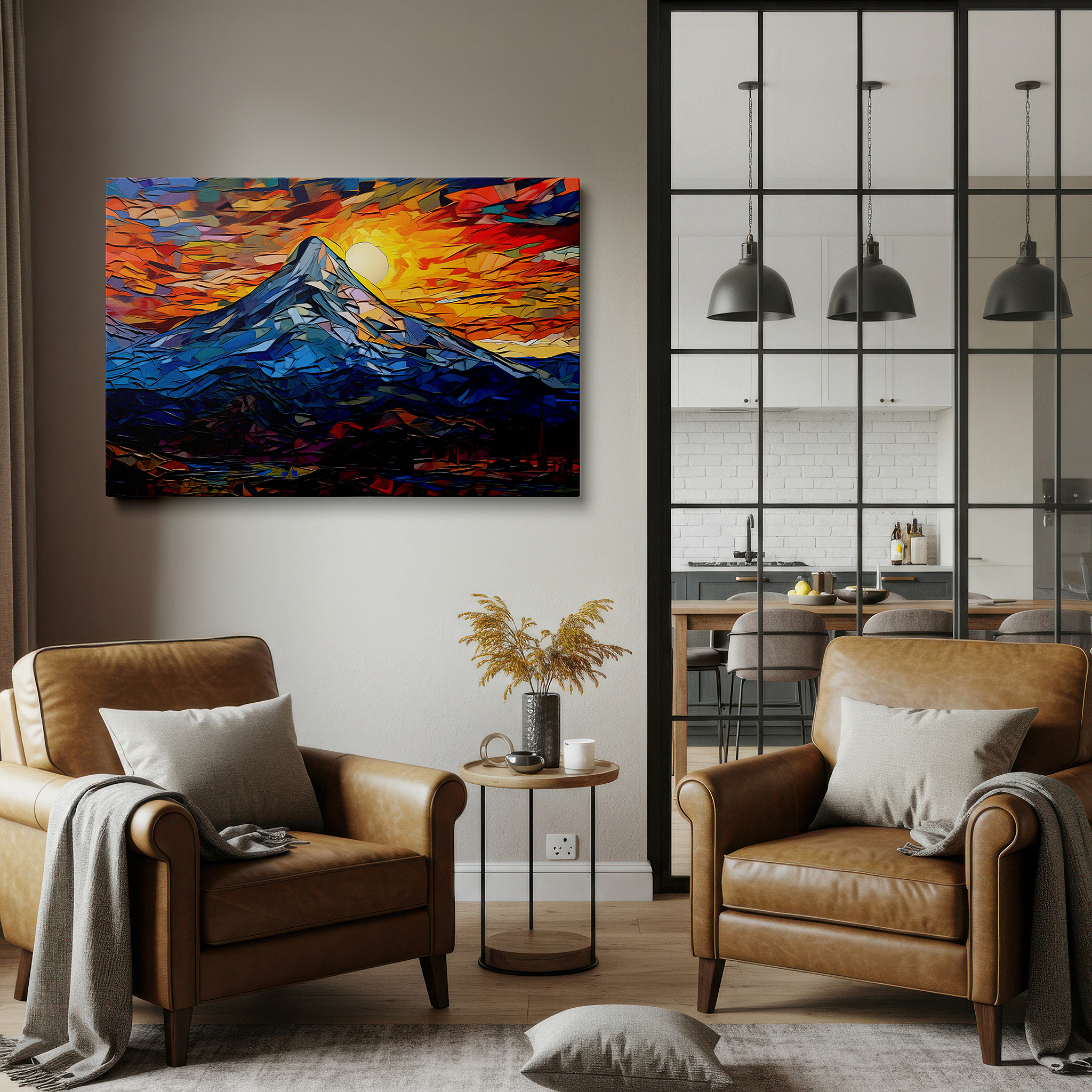 At 60×40 cm, this format fits effortlessly over dressers or benches — mountain sunset panorama, nature's splendor and serenity large wall art, canvas wall decor for office and bedroom