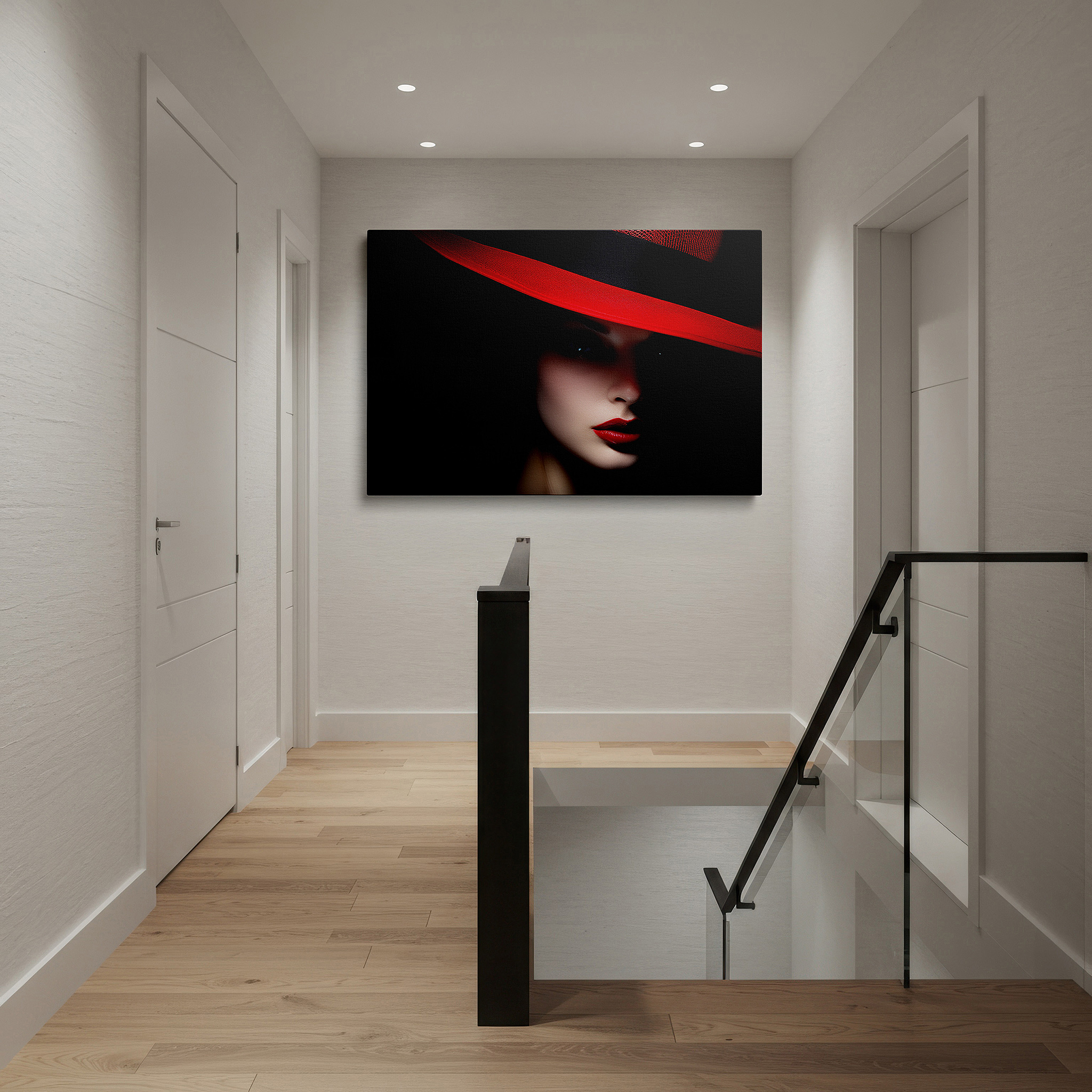 At 60×40 cm, this format fits effortlessly over dressers or benches — mysterious and alluring portrait with bold red hat and vivid lips - large canvas wall art for office and bedroom decor