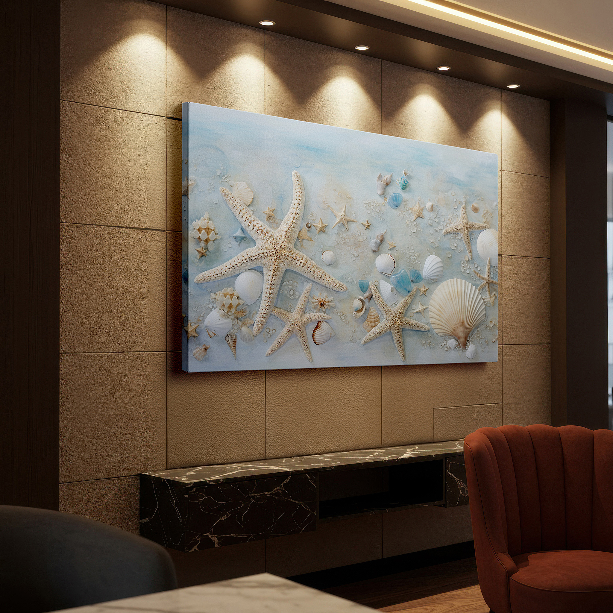 At 60×40 cm, this format fits effortlessly over dressers or benches — ocean tranquility wall art featuring serene waters, shells, and starfish - large canvas for home and office decor, perfect for living room and bedroom