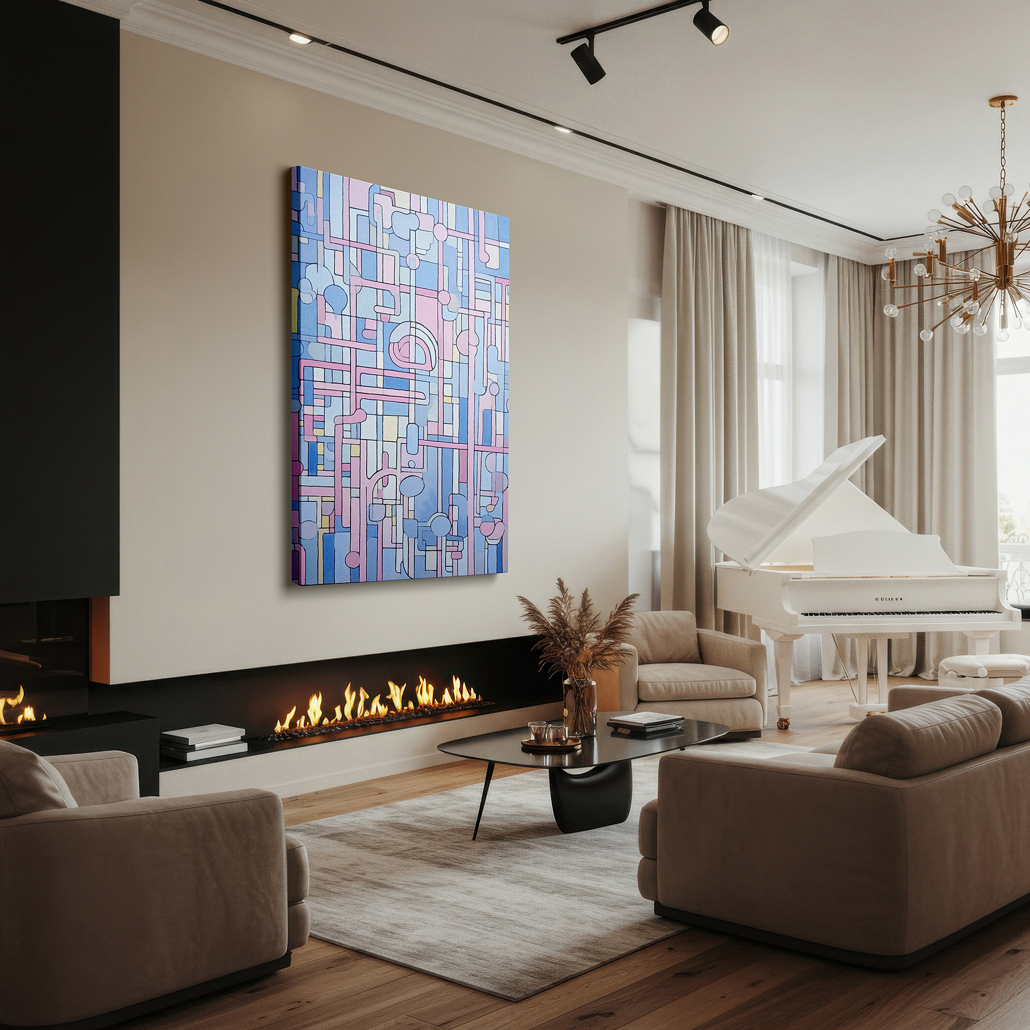 At 60×40 cm, this format fits effortlessly over dressers or benches — pastel geometric harmony: tranquil large wall art for bedrooms and offices, including canvas and decor options
