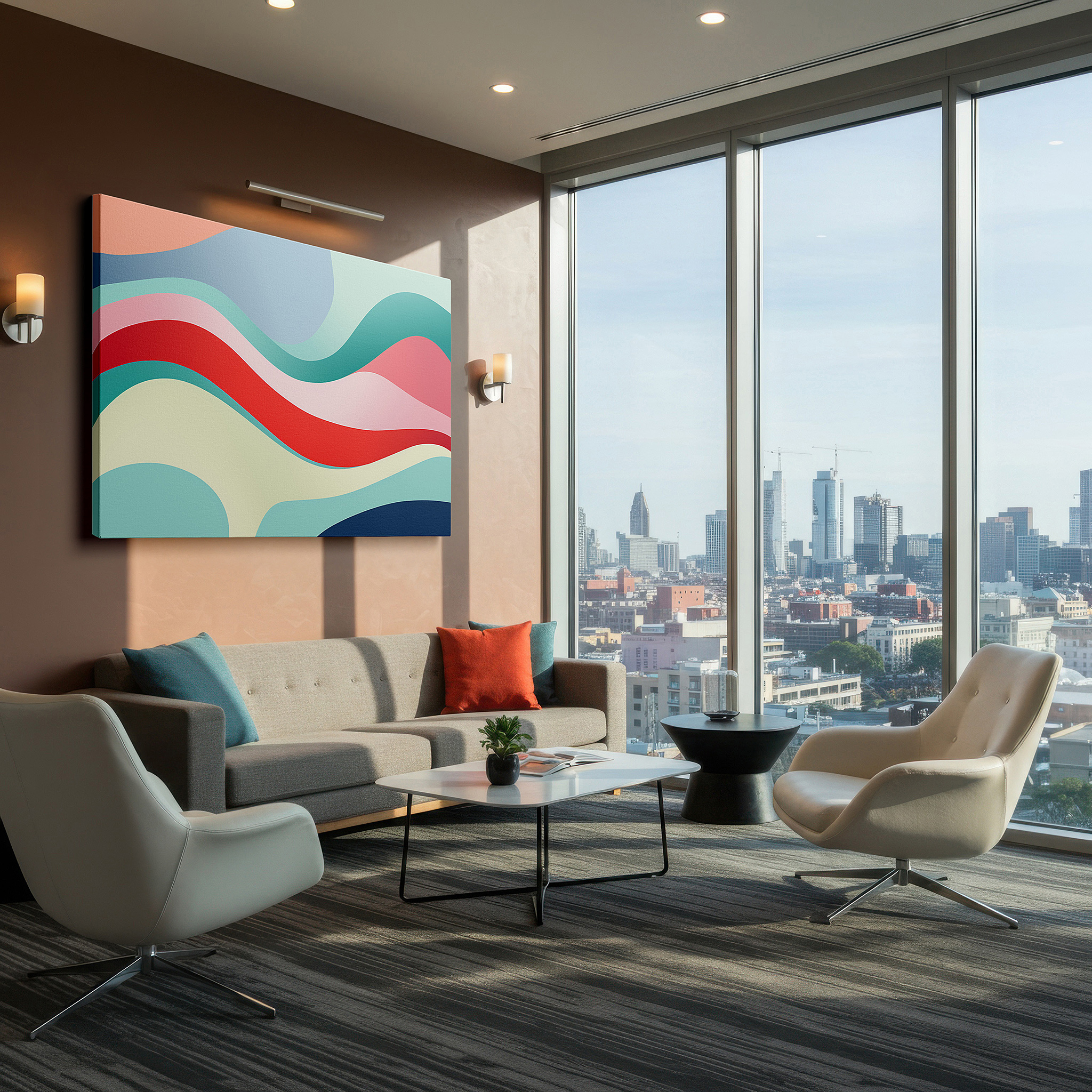At 60×40 cm, this format fits effortlessly over dressers or benches — pastel-toned serene waves for modern decor: oversized canvas wall art for offices, bedrooms, and living rooms