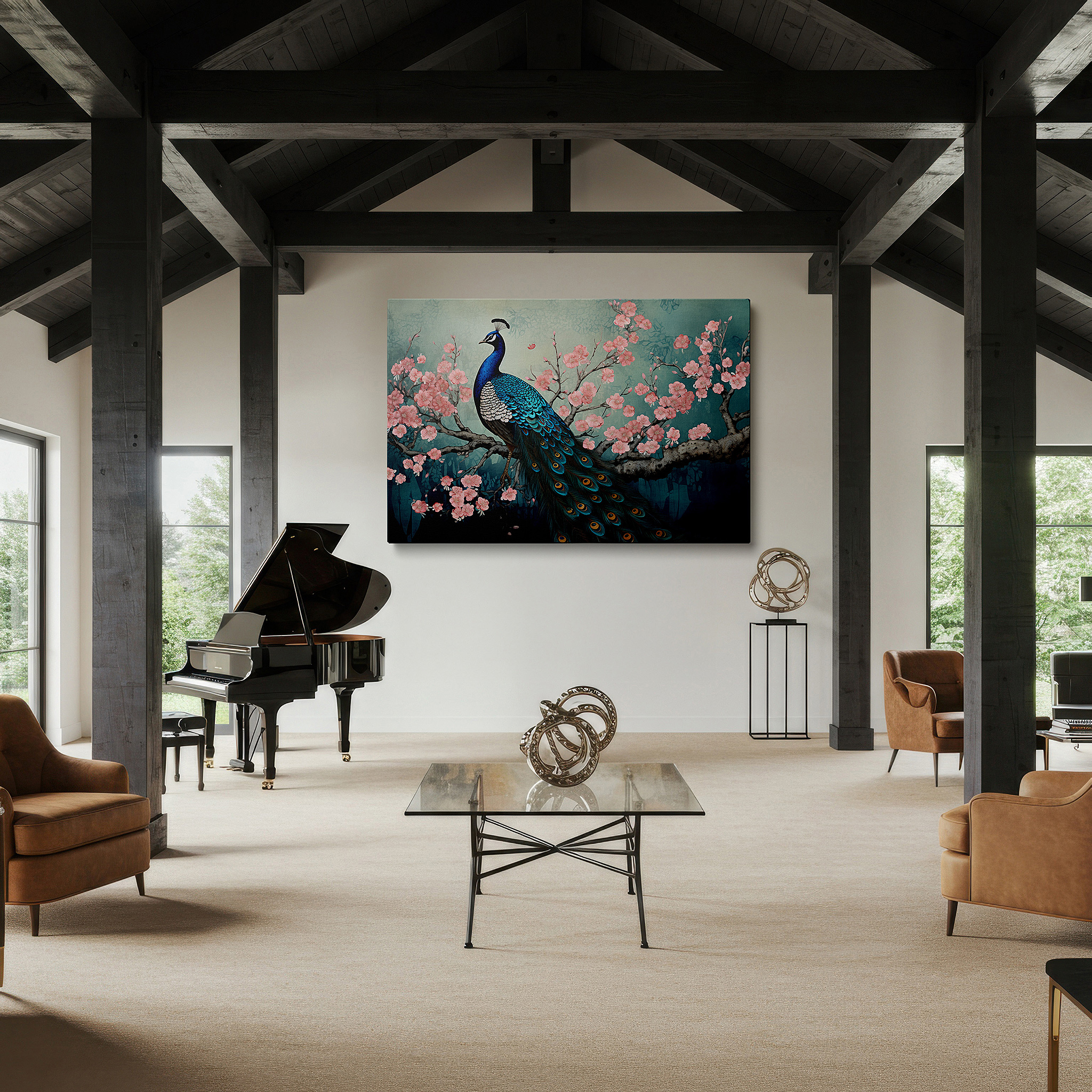 At 60×40 cm, this format fits effortlessly over dressers or benches — peacock and cherry blossoms wall art: experience tranquility and elegance with this large canvas decor for offices and bedrooms