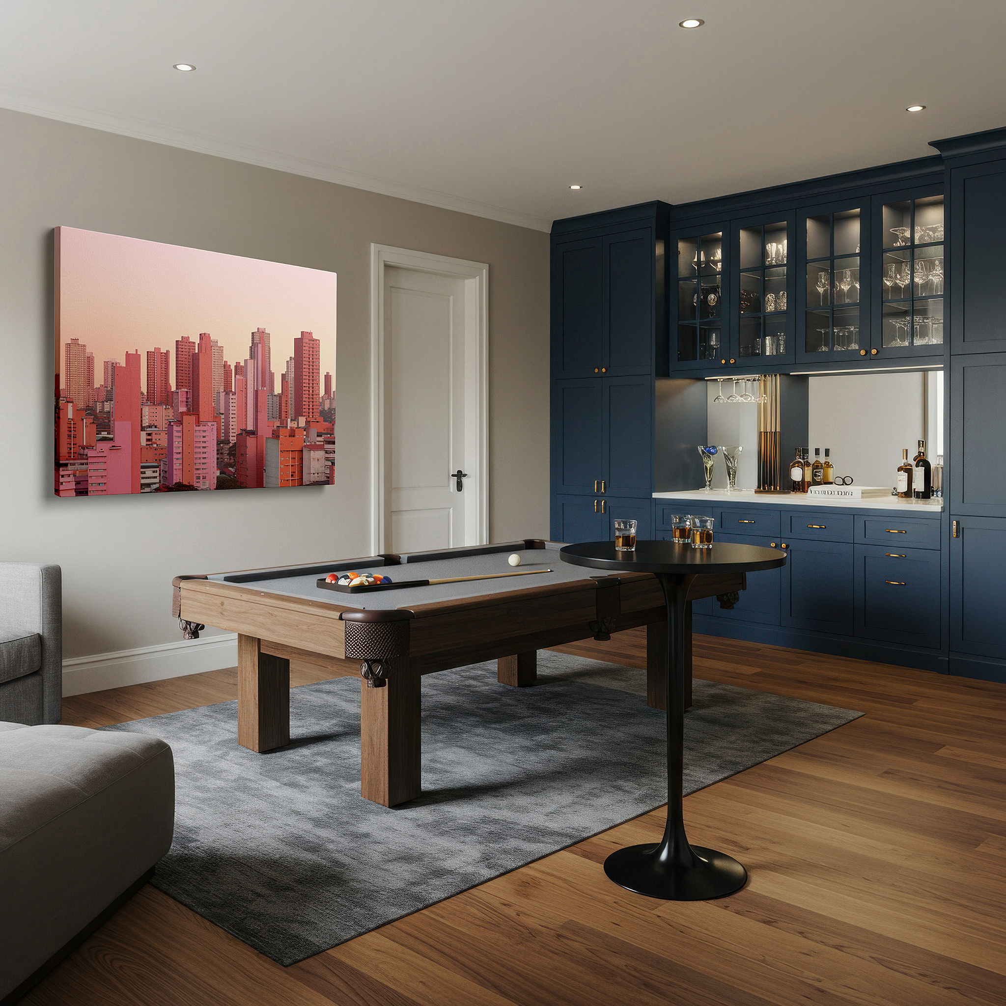 At 60×40 cm, this format fits effortlessly over dressers or benches — pink-hued sunset skyline: urban elegance, tranquil city strength and twilight serenity - large canvas wall art decor