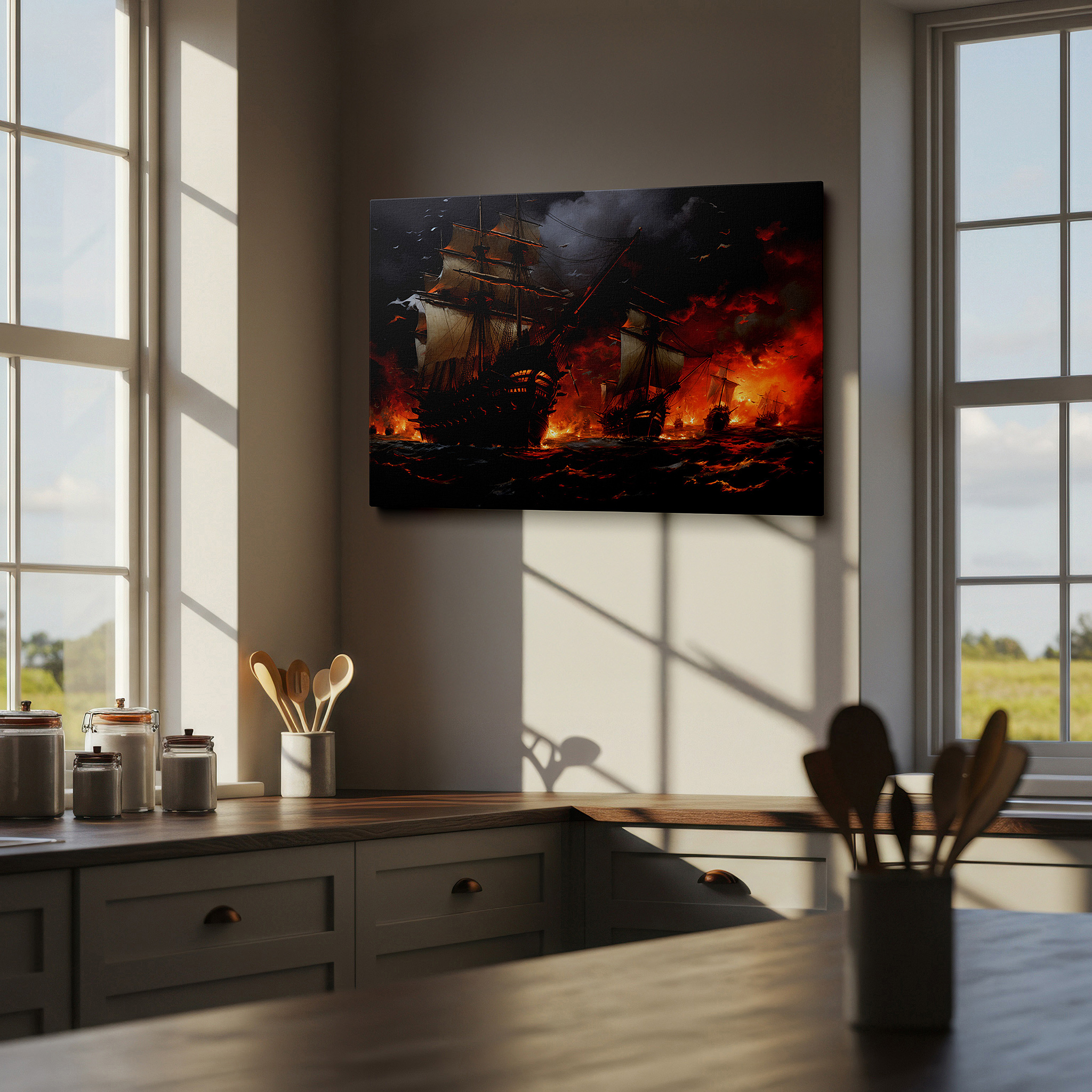 At 60×40 cm, this format fits effortlessly over dressers or benches — pirate ship battle wall art: vivid high seas adventure amidst flames and storms, large canvas art for office and bedroom decor
