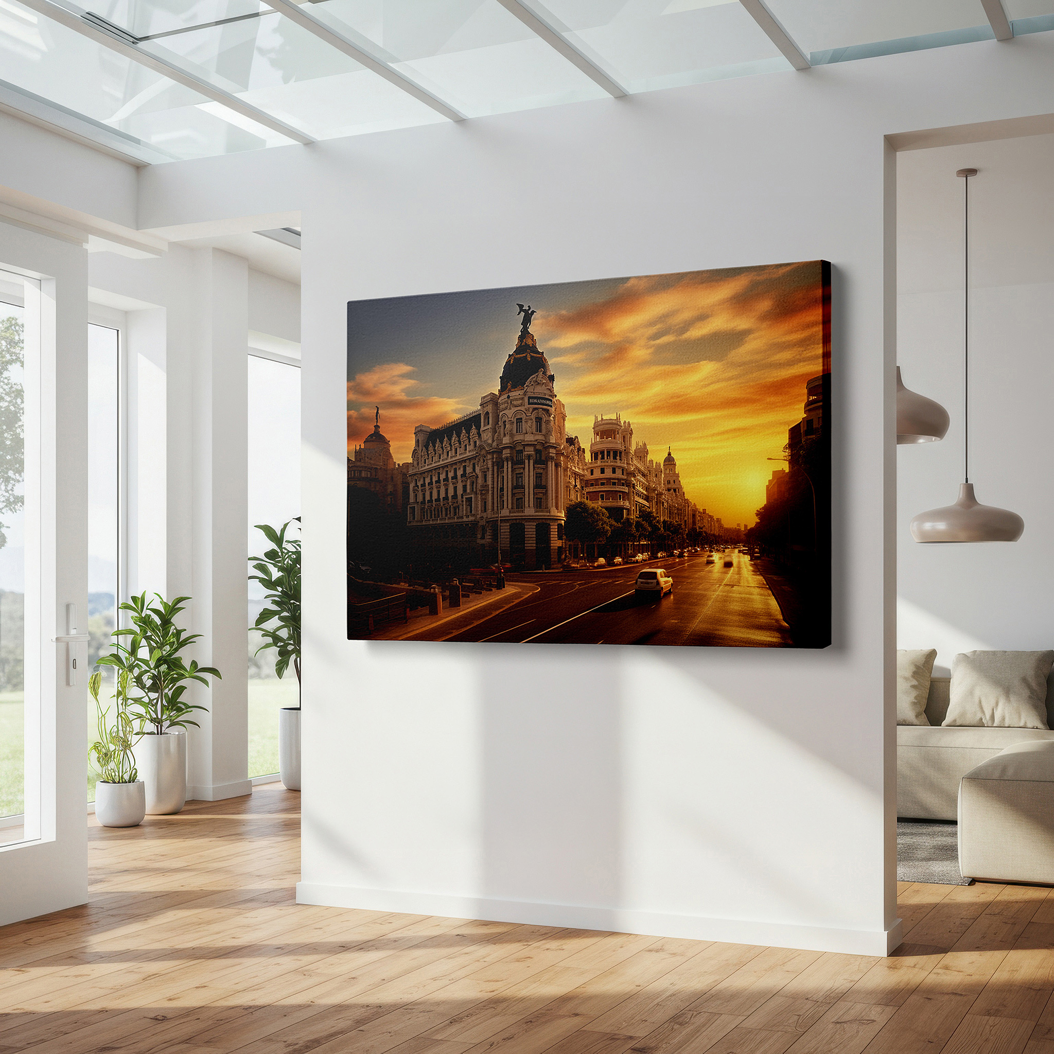 At 60×40 cm, this format fits effortlessly over dressers or benches — radiant sunset and majestic historic building amidst urban energy: large canvas wall art for office and bedroom decor