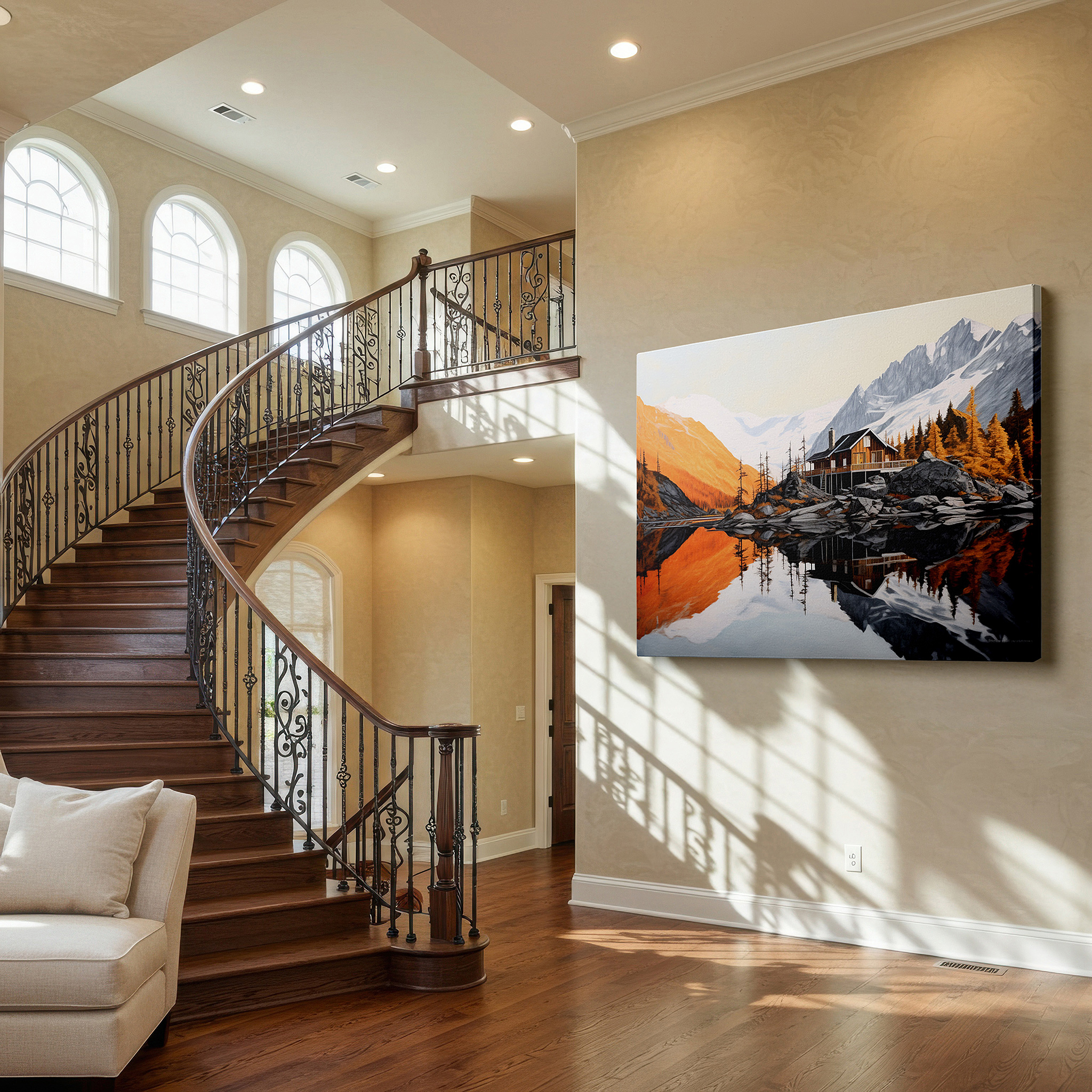 At 60×40 cm, this format fits effortlessly over dressers or benches — rustic cabin canvas print featuring serene lake and majestic mountains - ideal for office and bedroom wall decor