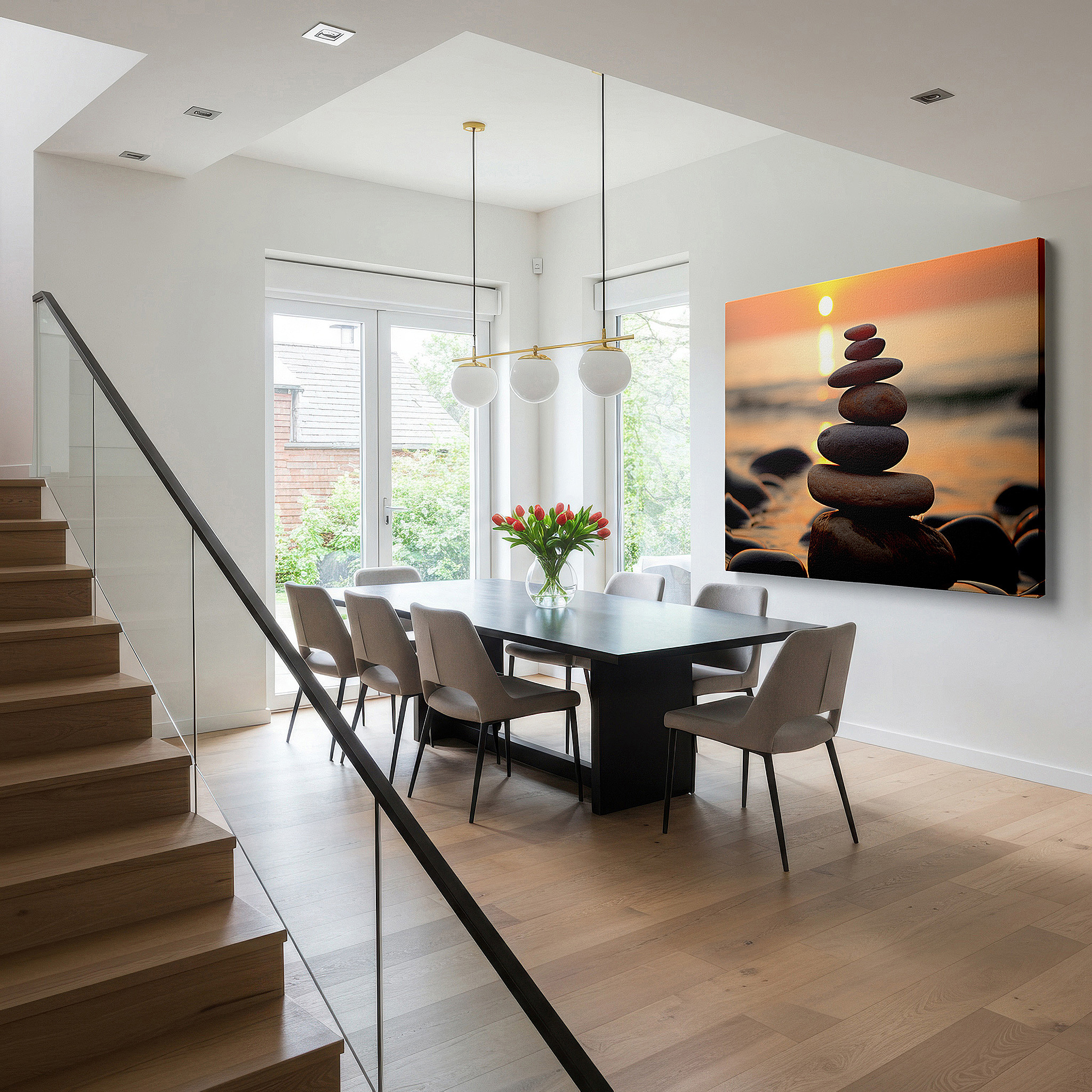 At 60×40 cm, this format fits effortlessly over dressers or benches — serene beach sunset and balanced stone stack canvas wall art for office, bedroom, and living room decor