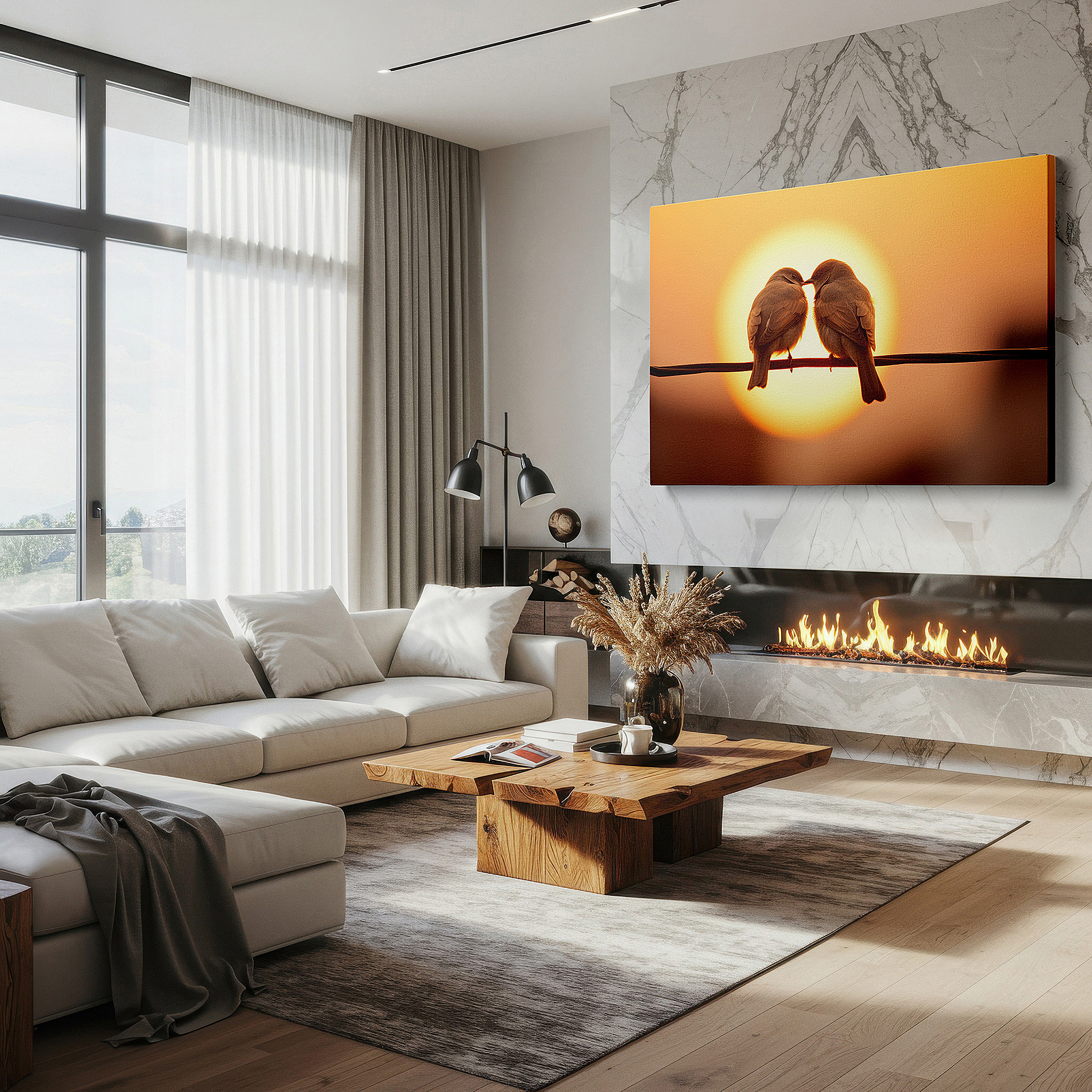 At 60×40 cm, this format fits effortlessly over dressers or benches — serene birds on a wire canvas print - large wall art for living room, bedroom, or office, featuring a vibrant sunset background