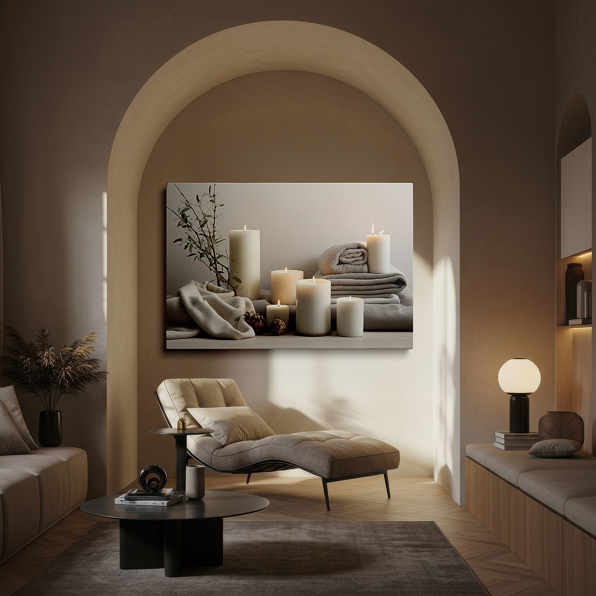 At 60×40 cm, this format fits effortlessly over dressers or benches — serene candlelight and cozy towels for a tranquil home atmosphere: featuring large wall art, canvas wall art, and decor for offices and bedrooms