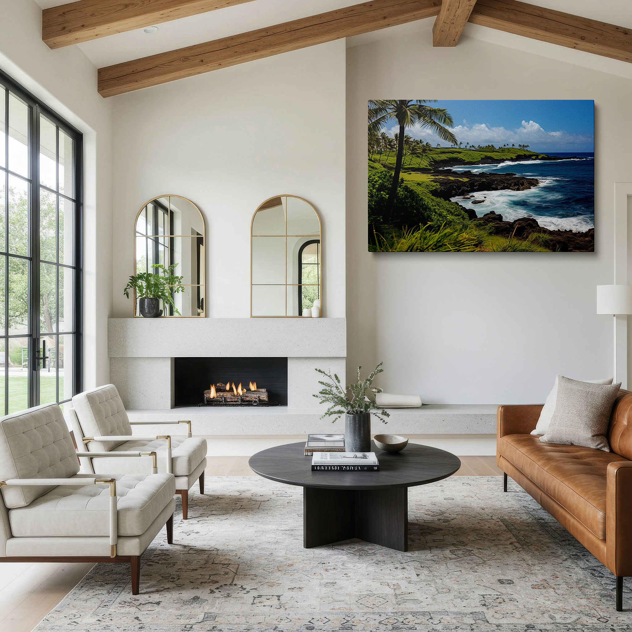 At 60×40 cm, this format fits effortlessly over dressers or benches — serene coastal scene with lush green hills and vibrant turquoise ocean waves, large canvas wall art for home and office decor