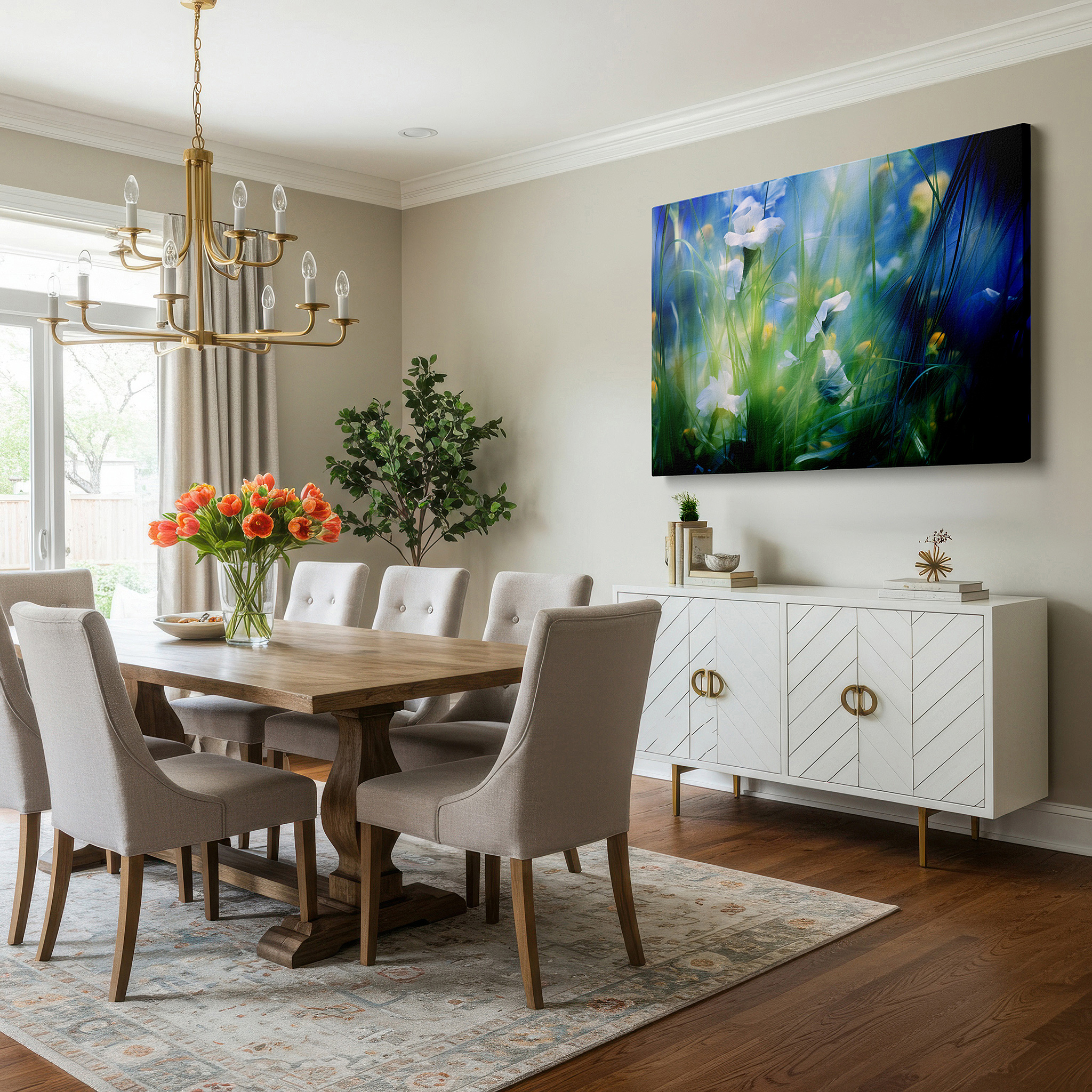 At 60×40 cm, this format fits effortlessly over dressers or benches — serene dawn in a peaceful garden: ethereal white flowers amidst gentle greens and blues, large canvas wall art for home and office decor
