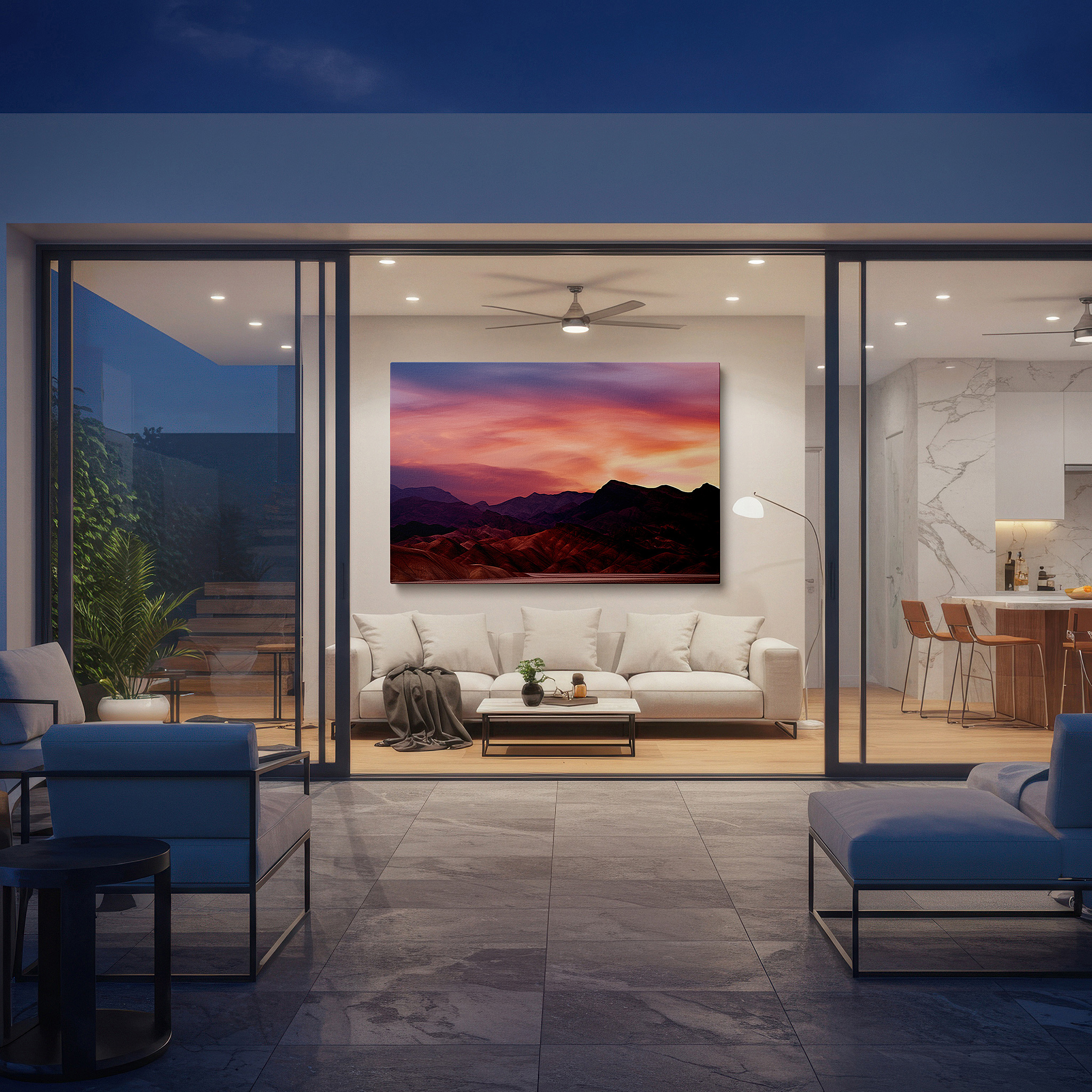 At 60×40 cm, this format fits effortlessly over dressers or benches — serene desert dusk: majestic mountains with vibrant sky - large canvas wall art for office, bedroom, and living room decor