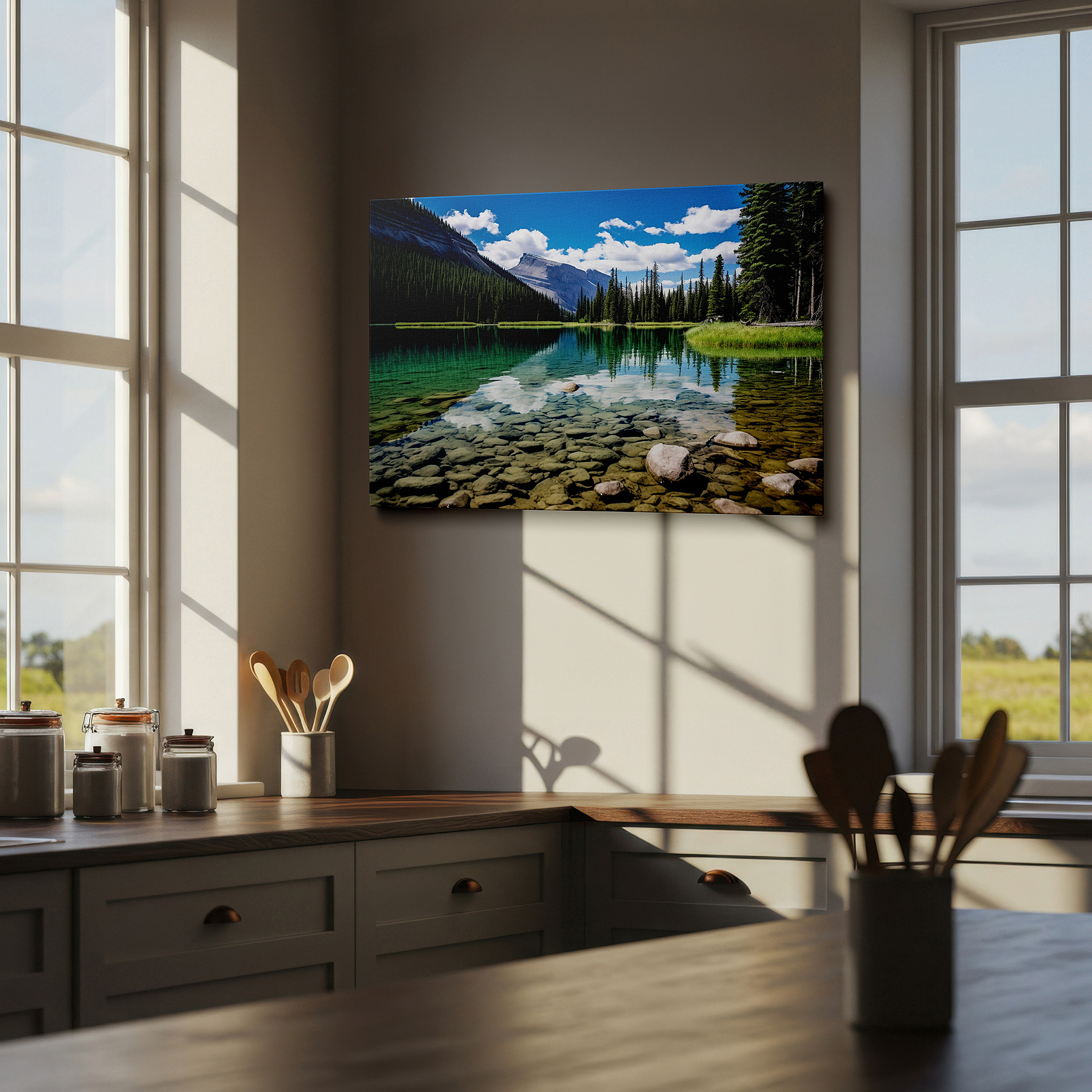 At 60×40 cm, this format fits effortlessly over dressers or benches — serene escape: crystal-clear lake with lush forests and rocky shores - large wall art, canvas wall art, wall decor for office and bedroom