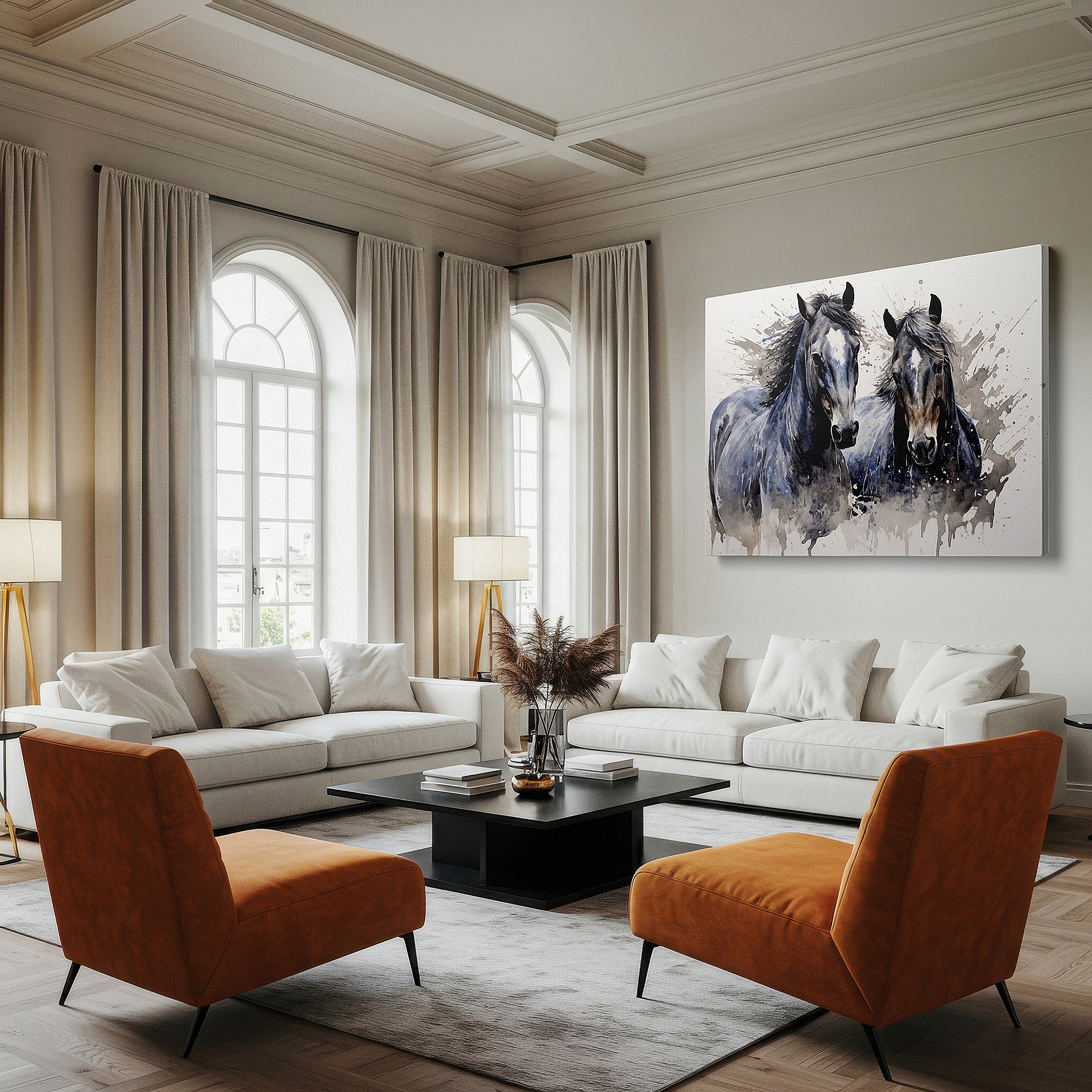 At 60×40 cm, this format fits effortlessly over dressers or benches — serene gray horses in peaceful harmony: elegant and calm large wall art, canvas wall art, wall decor for office