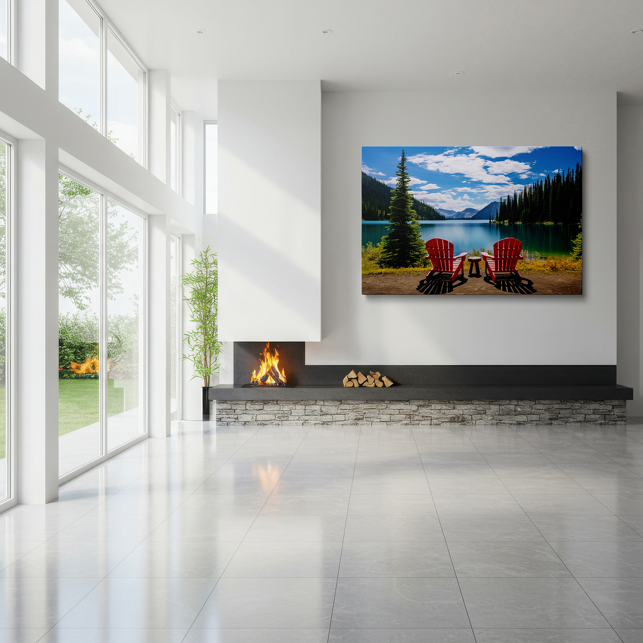 At 60×40 cm, this format fits effortlessly over dressers or benches — serene lakeside escape featuring red lounge chairs surrounded by verdant foliage: large wall art, canvas wall art, wall decor for office and bedroom