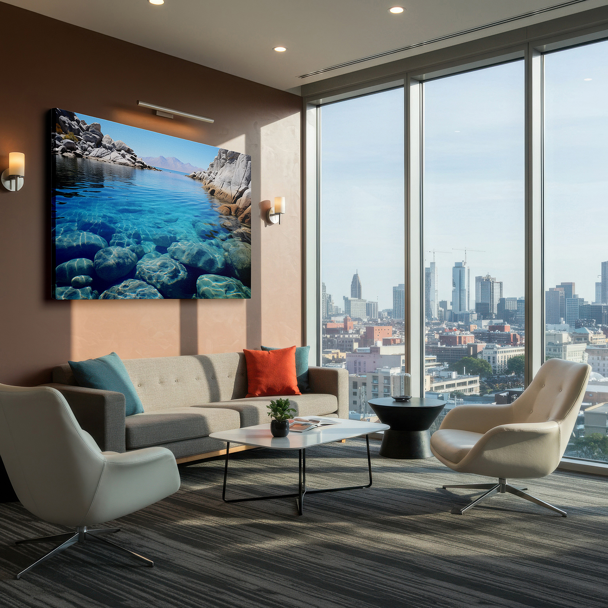 At 60×40 cm, this format fits effortlessly over dressers or benches — serene lakeside reflections and rugged shores - tranquil nature escape large wall art, canvas wall art, wall decor for office
